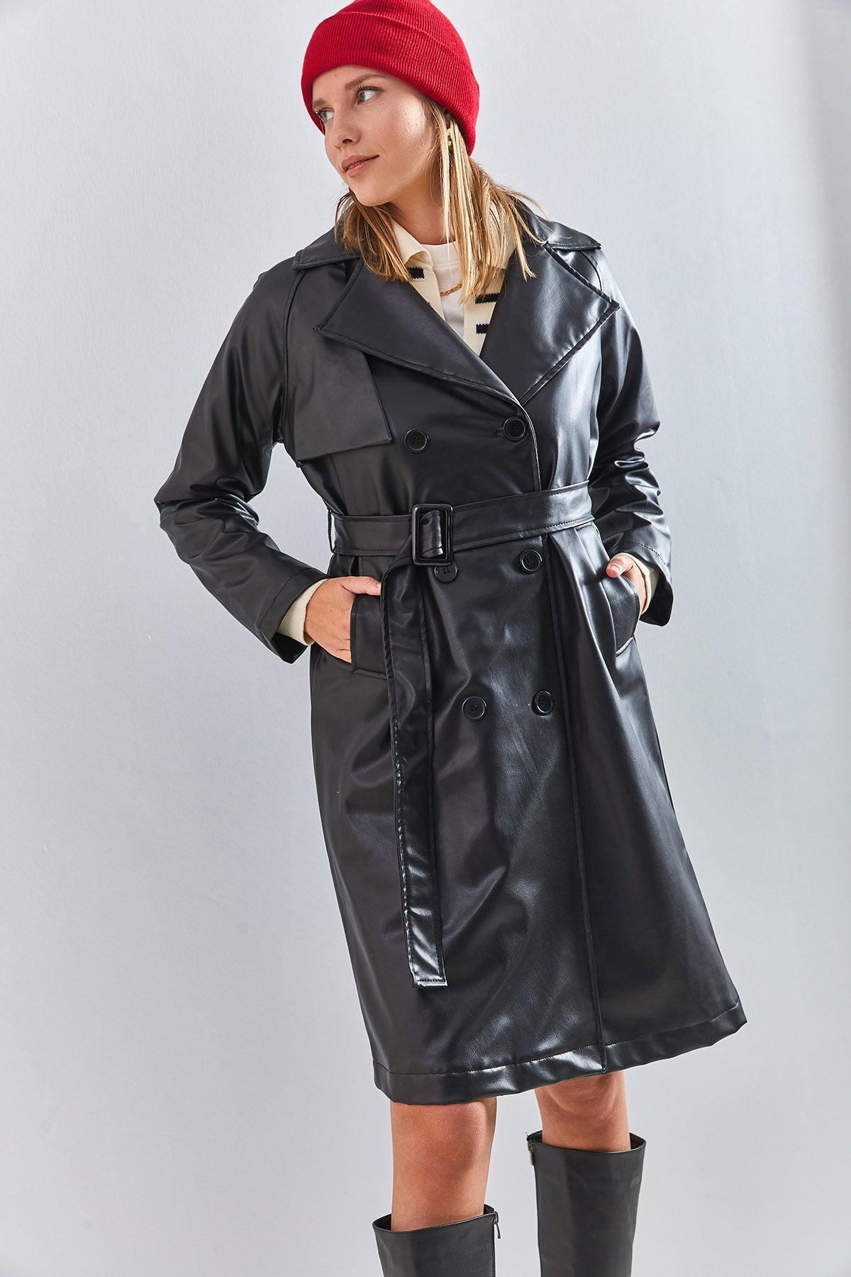 Women's 6 Button Belted Leather Overcoat 2246 40111011
