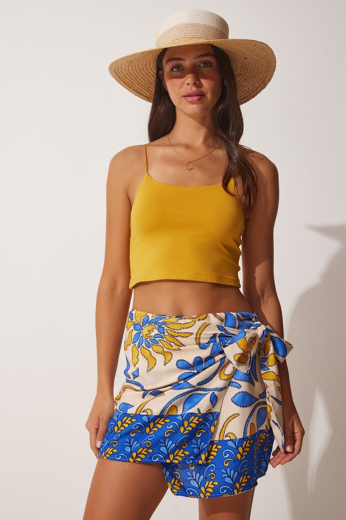 Female Blue Beige Patterned Mini Viscose Skirt FN03063