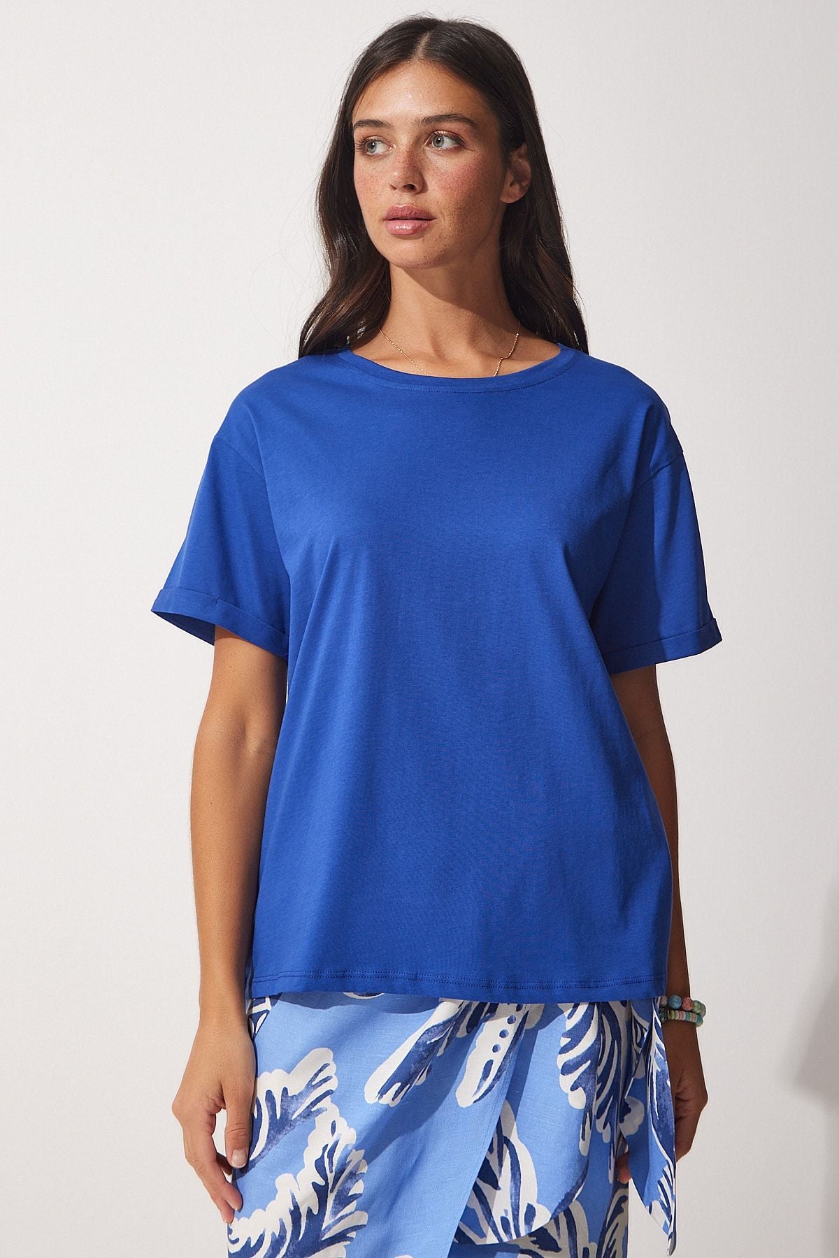 Women's Blue Bicycle Collar Cotton Plenty Knitting T-Shirt UB00053