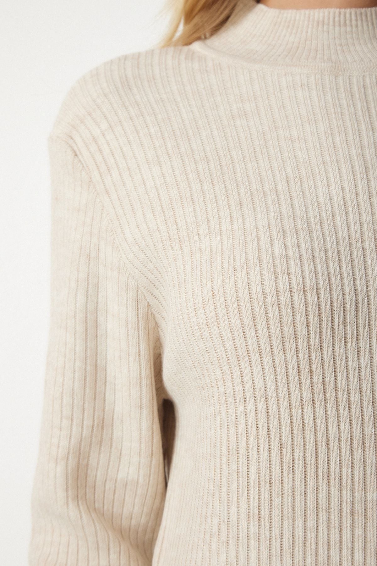 Female Beige Fisherman Collar Slit Long Knitwear Dress YY00163