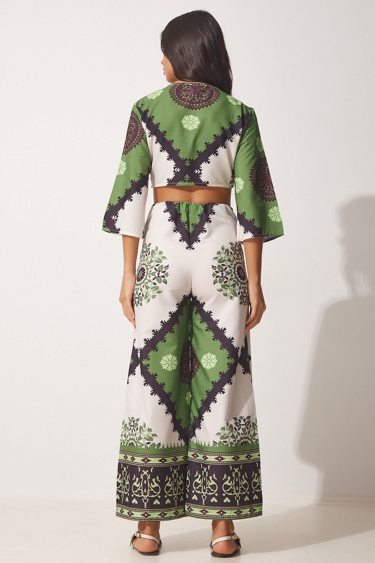 Female Green Patterned Summer Blouse Pants Set DM00131