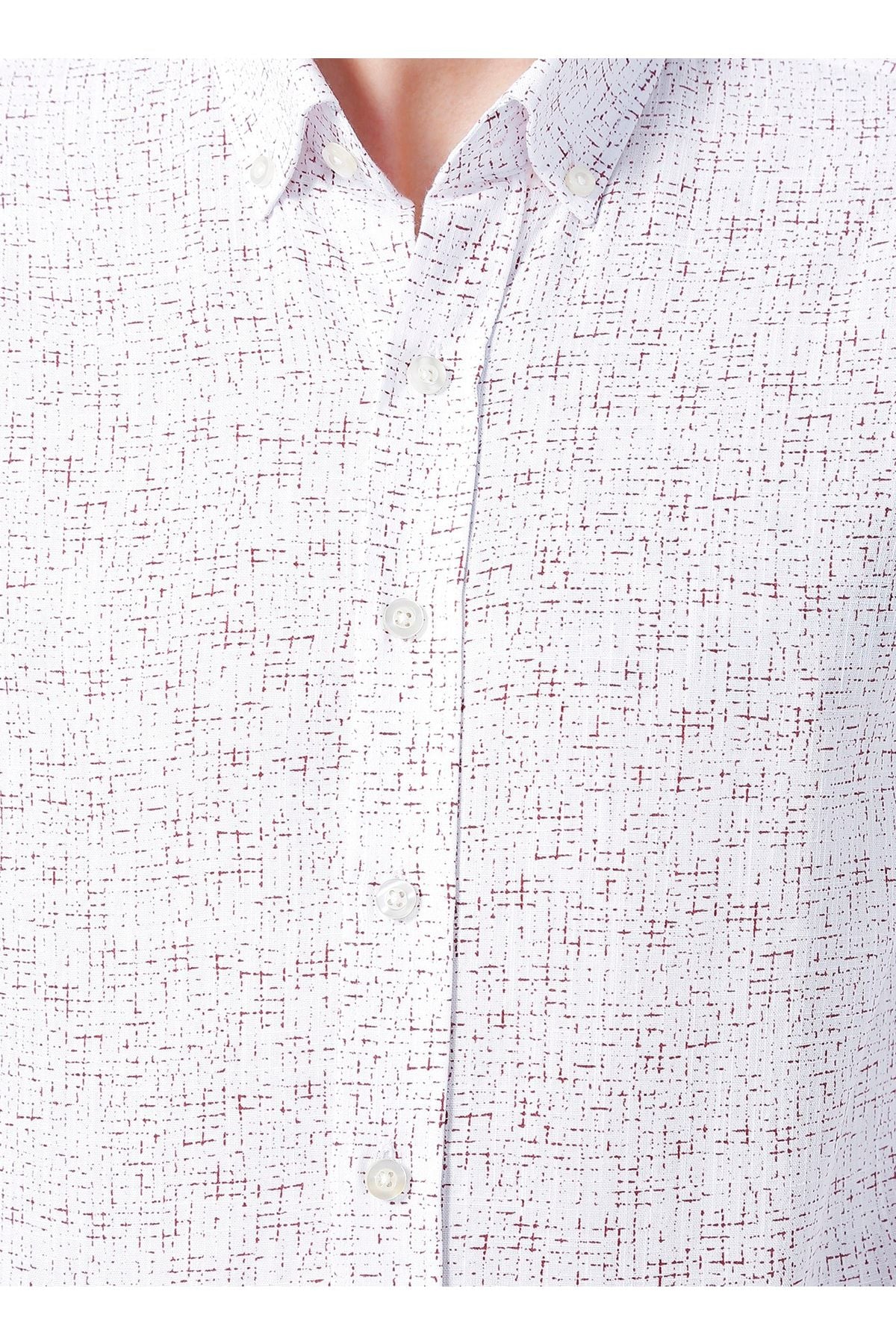 Men's White - Bordeaux Slim Fit Narrow Cutting Buttoned Neck 100 %Cotton Printed Shirt