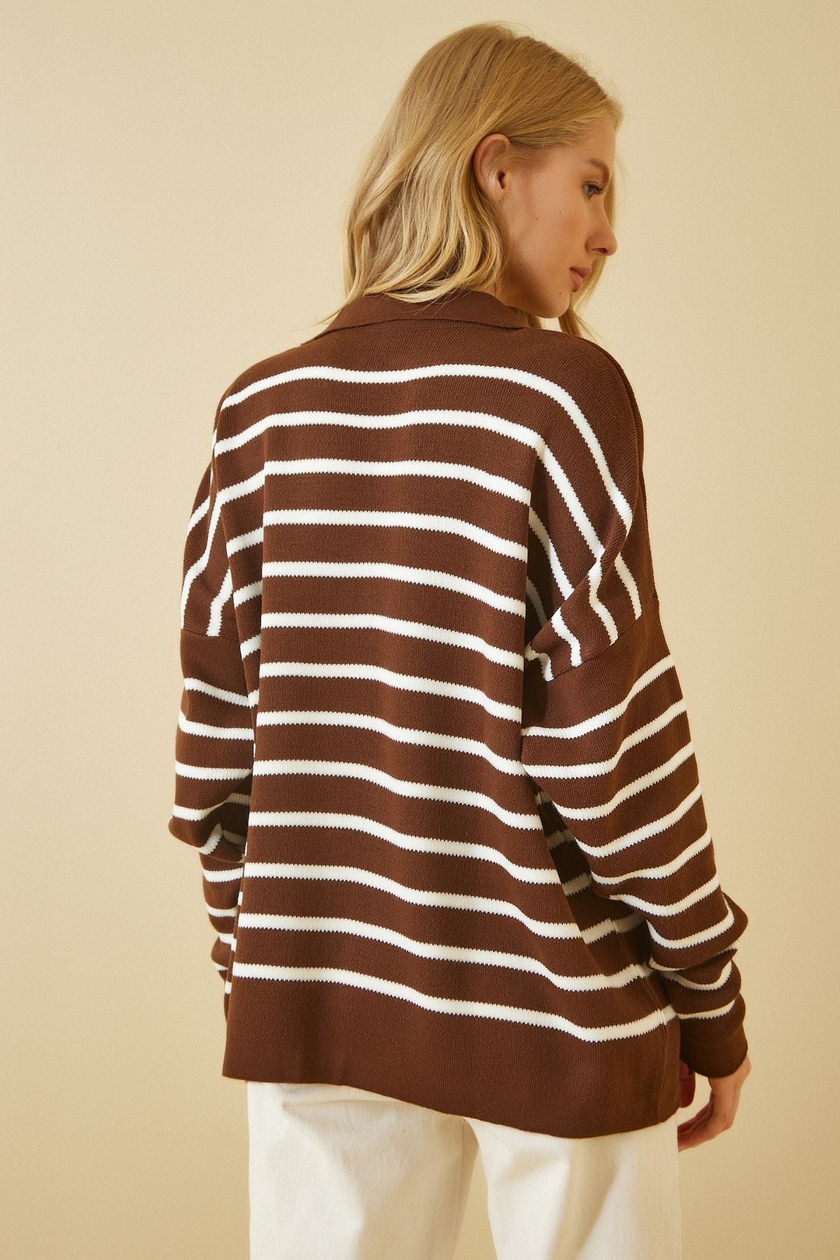 Female Brown White Polo Yaka Crop Knitwear sweater US00293