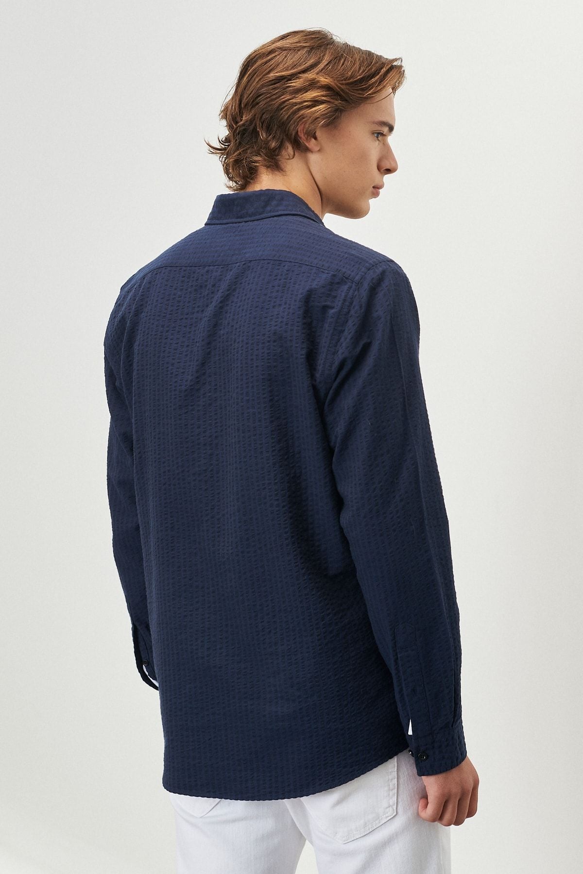 Men's Navy Blue Slim Fit Narrow Cutting Italian collar 100 %Cotton Wafer Shirt