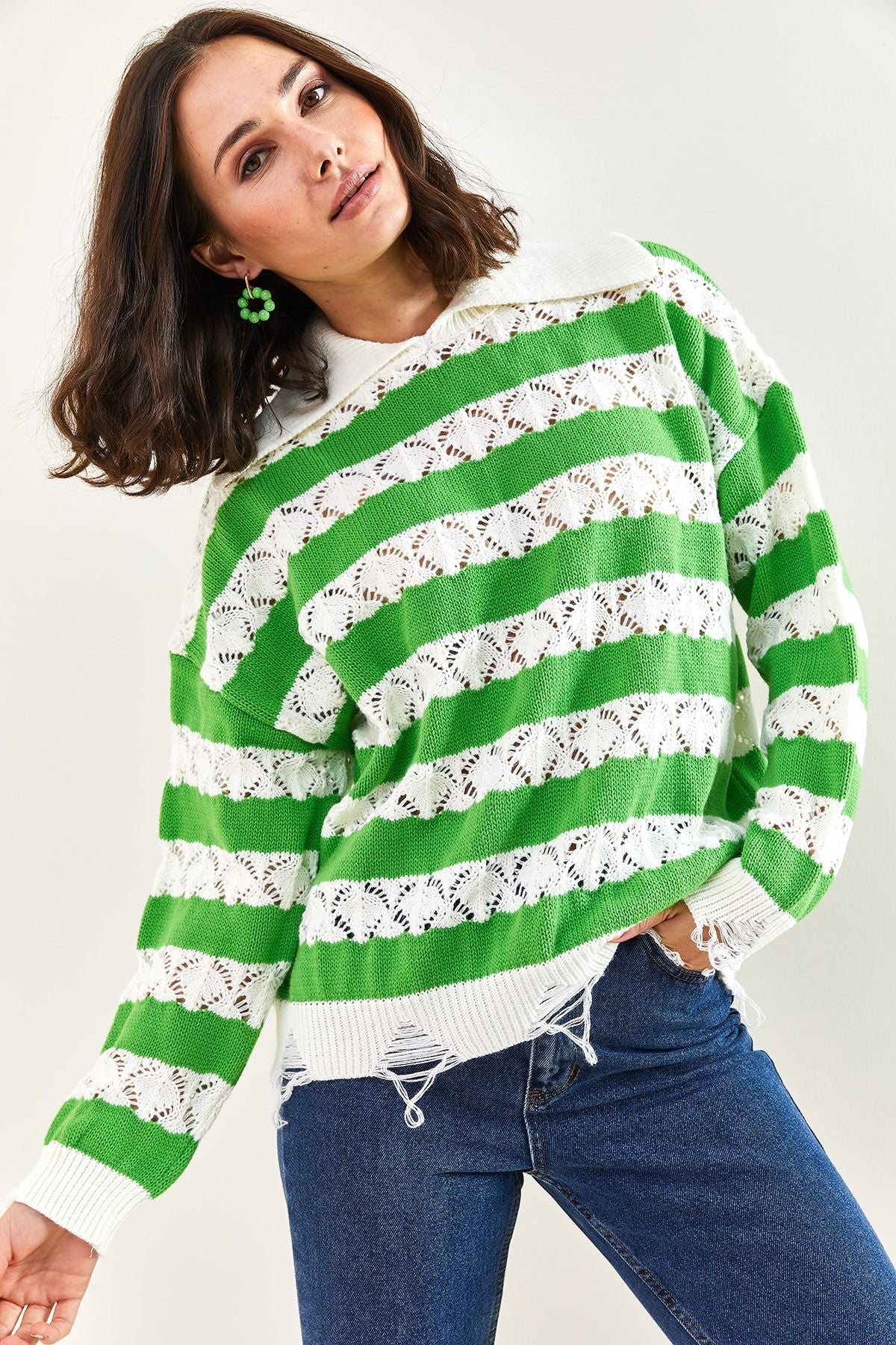 WOMEN'S Polo Yaka Torn Patterned Knitwear Sweater