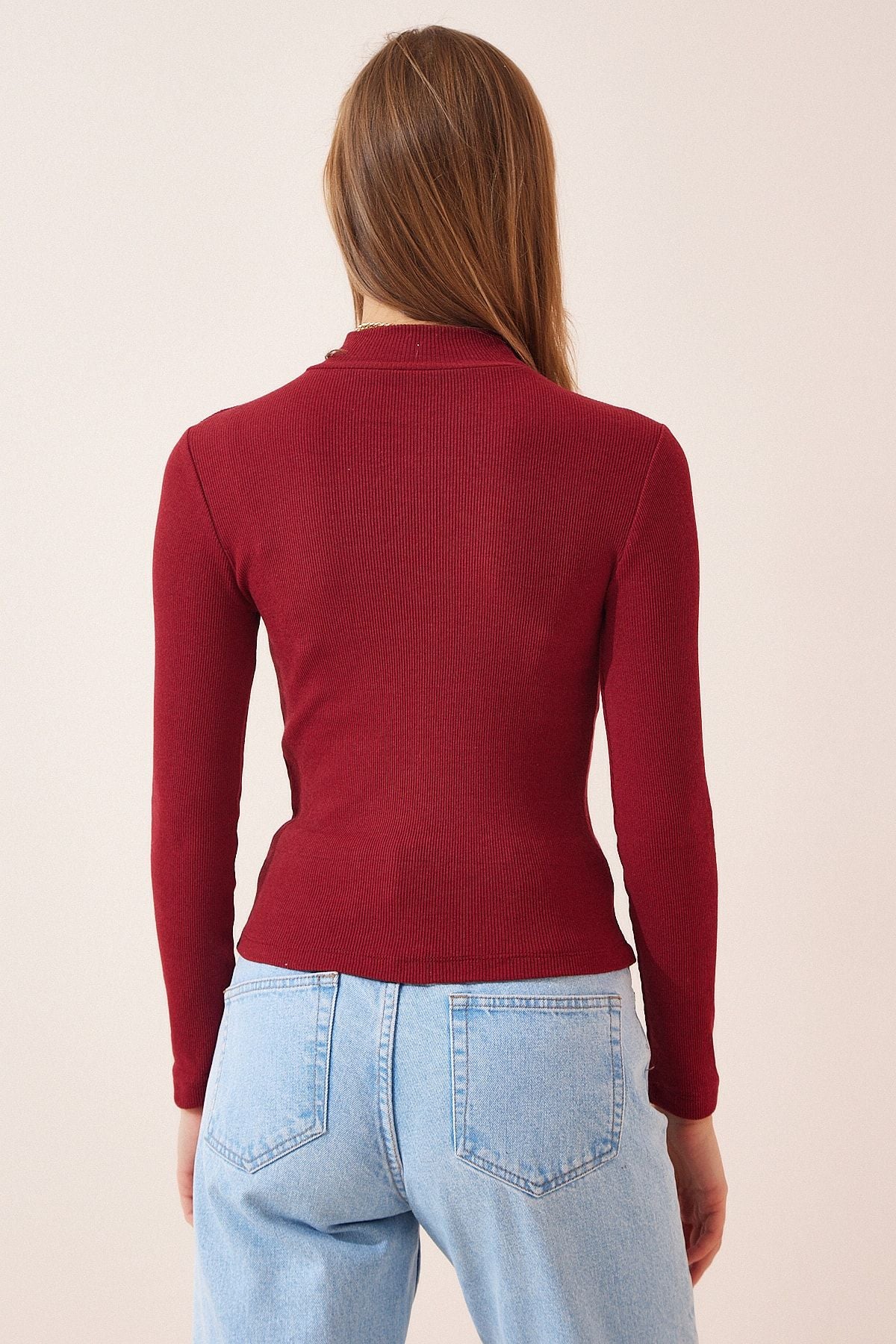 Female burgundy fisherman collar wick knitted blouse GT00054