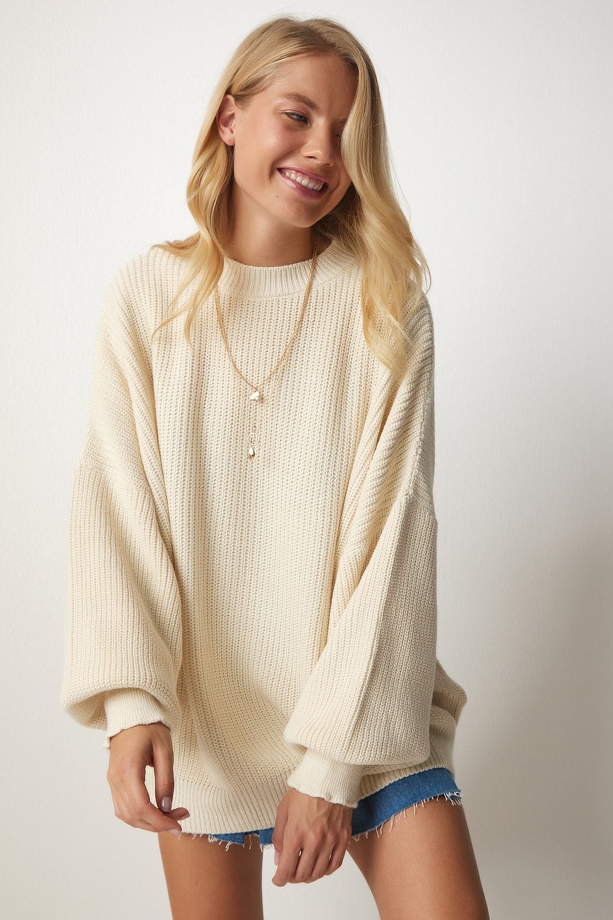Women's Cream Oversize Basic Knitwear Sweater MX00126