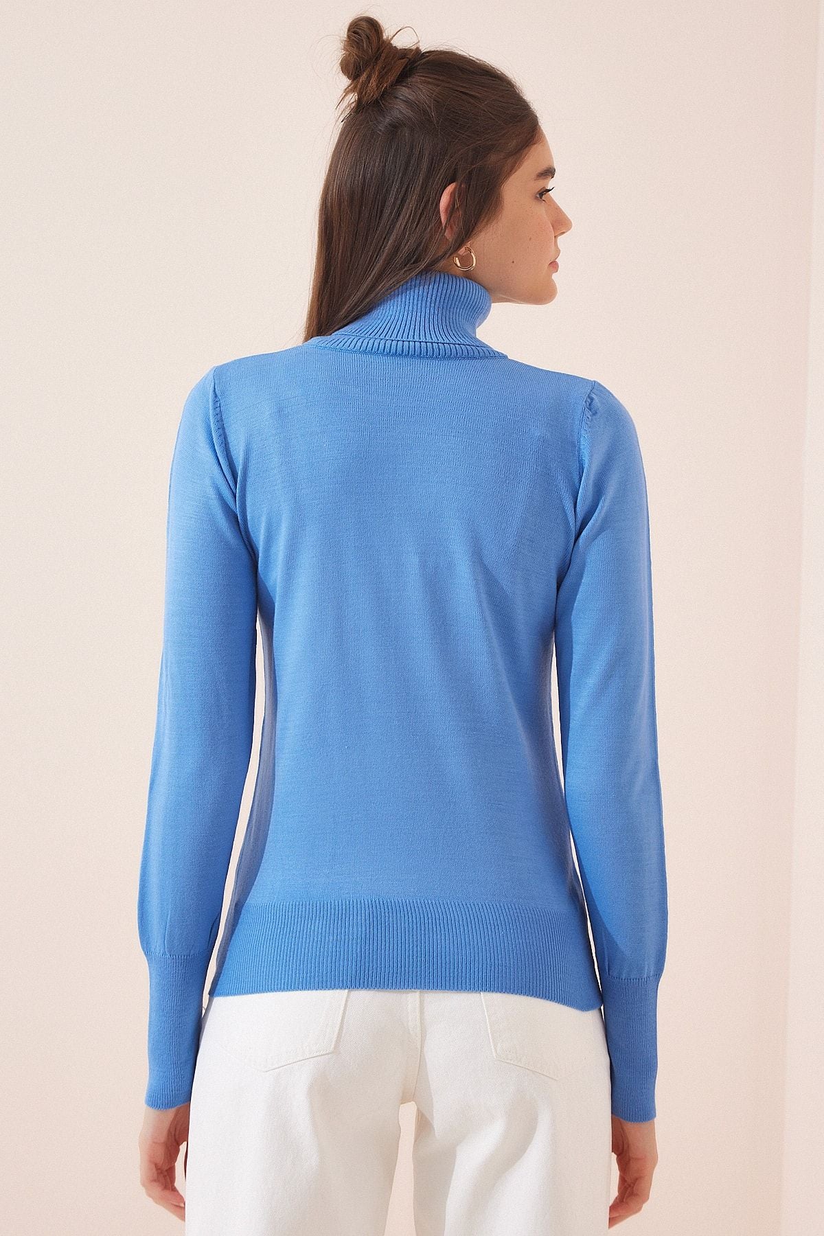 Woman Light Blue Fisherman collar light balloon sleeve knitwear sweater DD01126