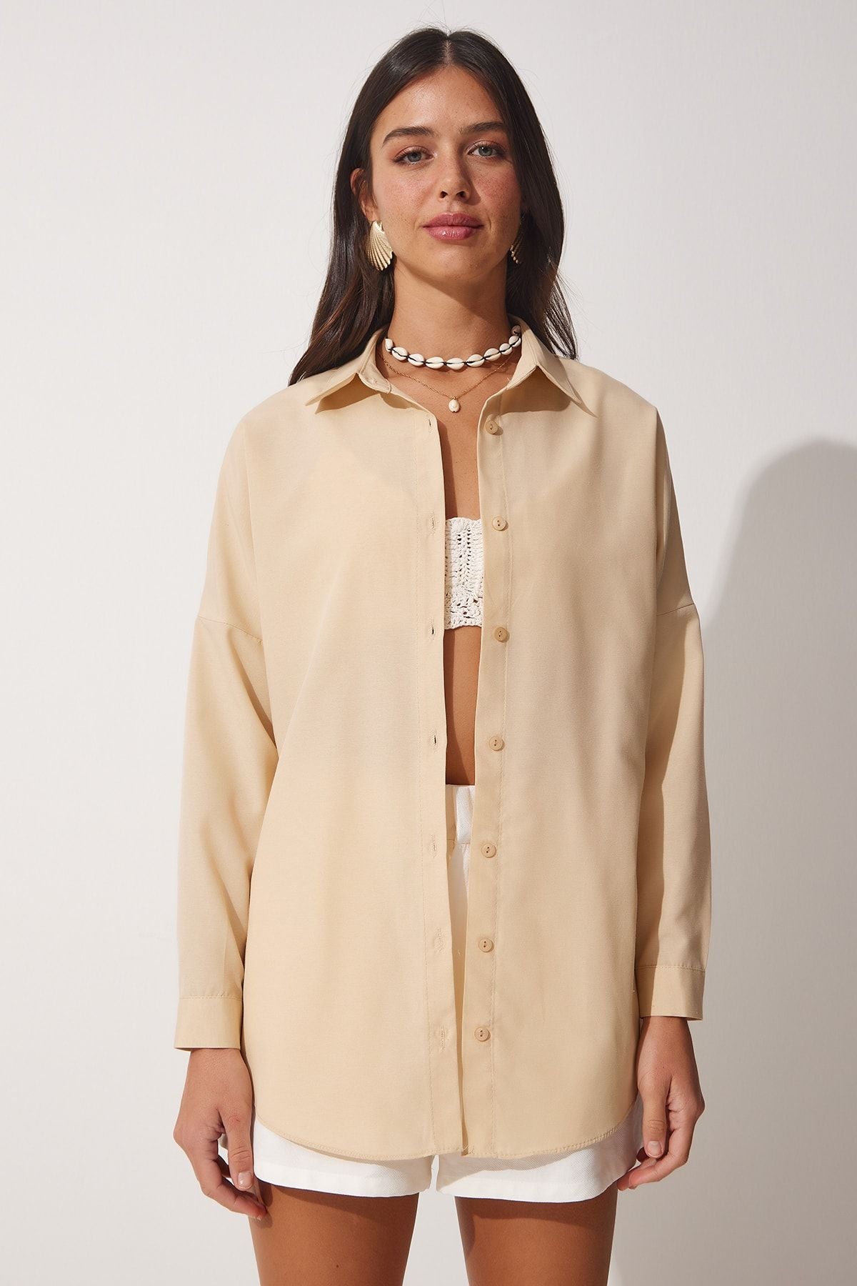 Woman Latte Oversize Long Basic Shirt DD00842