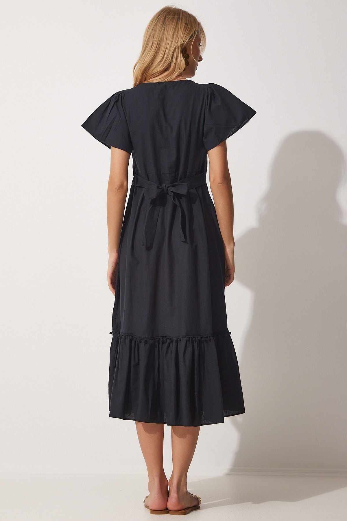 Female black square collar linen dress JH00046