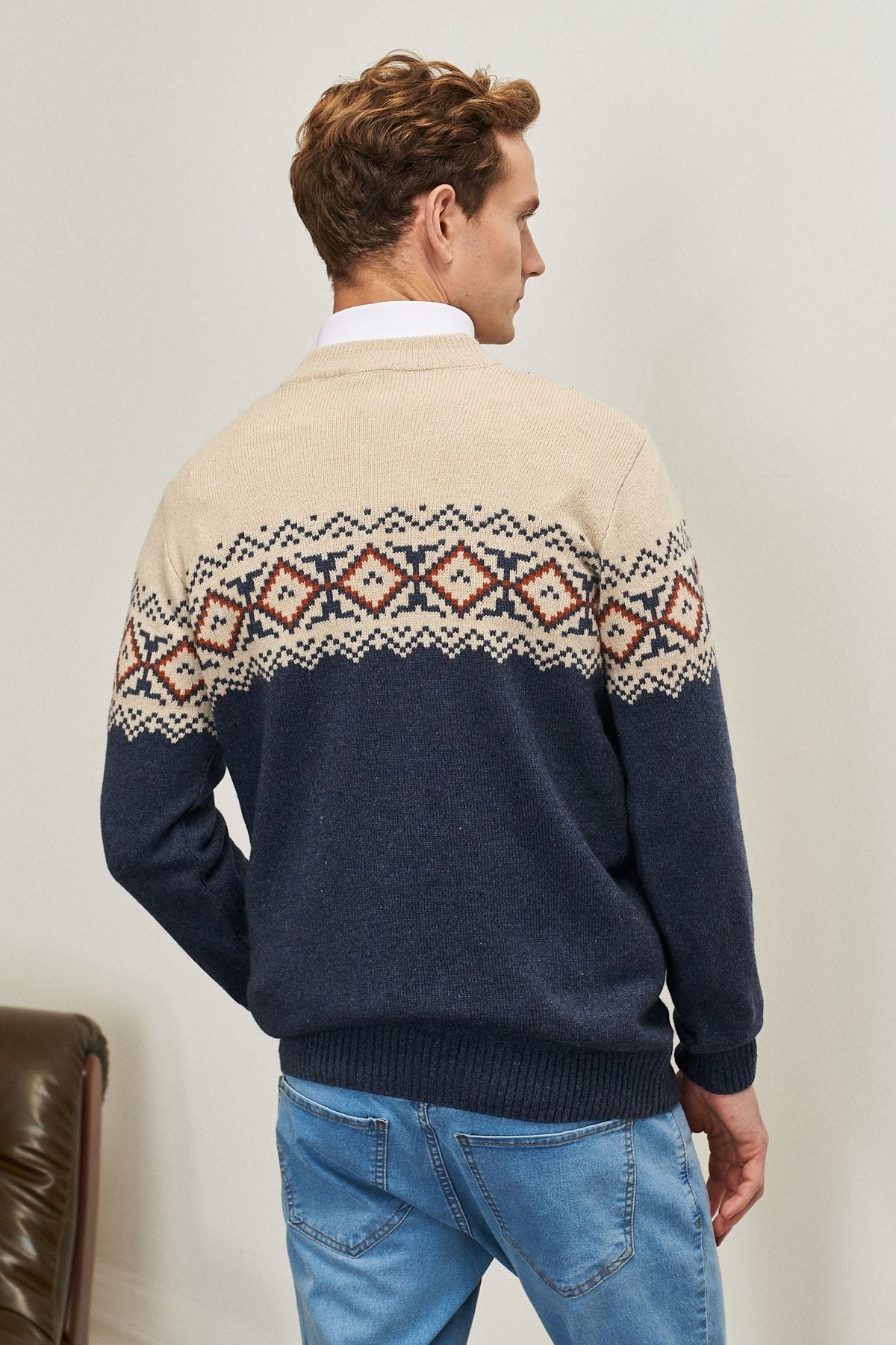 Men's Beige-Havacı Blue Standard Fit Half Fisherman Yaka Soft textured knitwear sweater