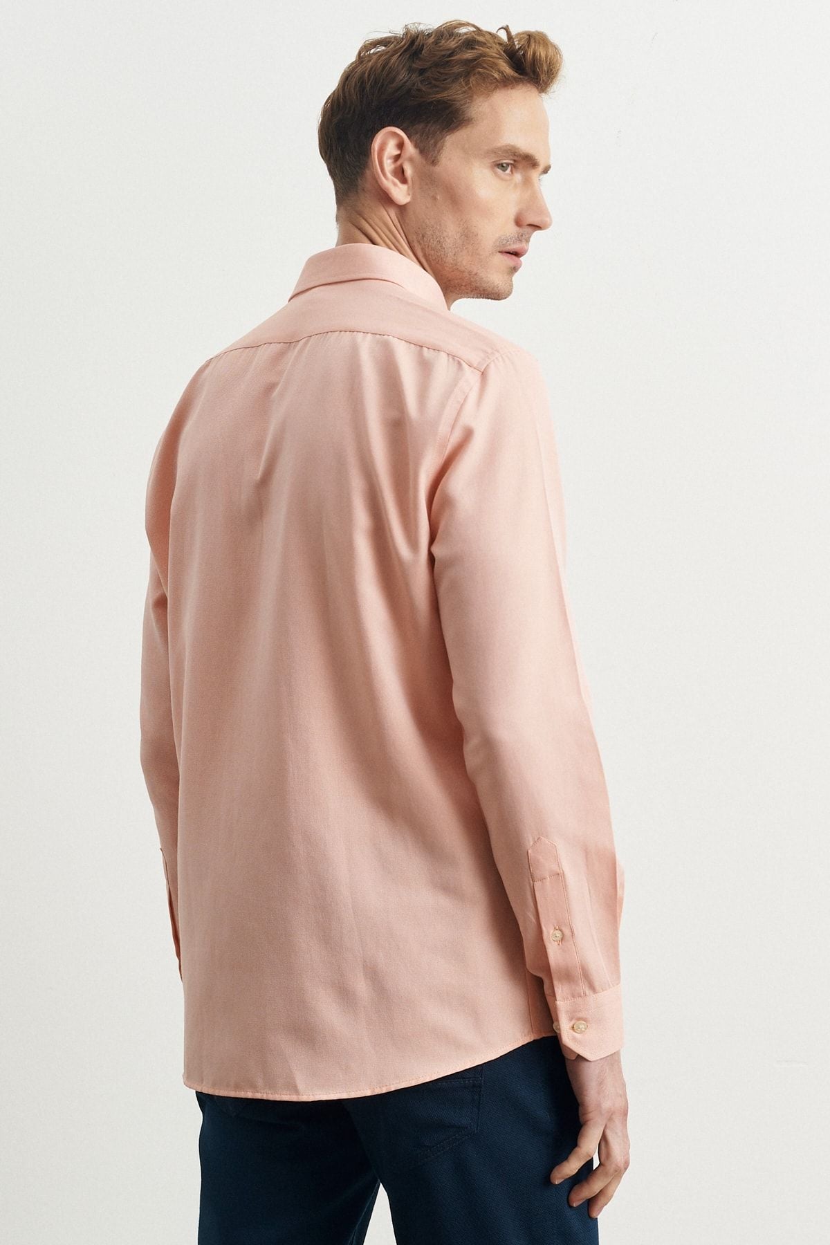 Men's Orange Slim Fit Narrow Cut Cotton Hidden Buttoned Neck Long Sleeve Oxford Shirt