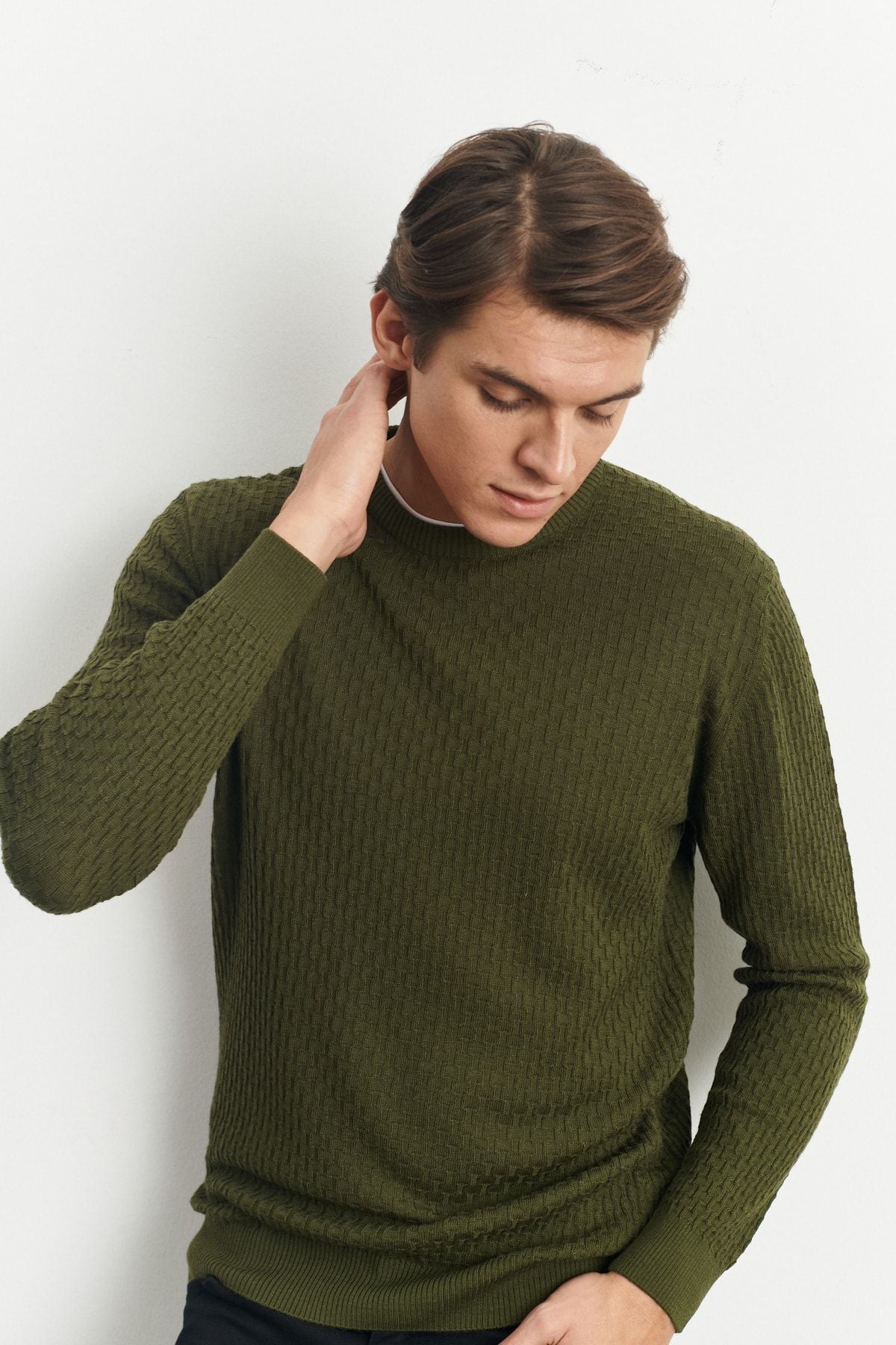 Men's Khaki Standard Fit Normal Cut Bicycle Yaka Jacquard woolen knitwear sweater