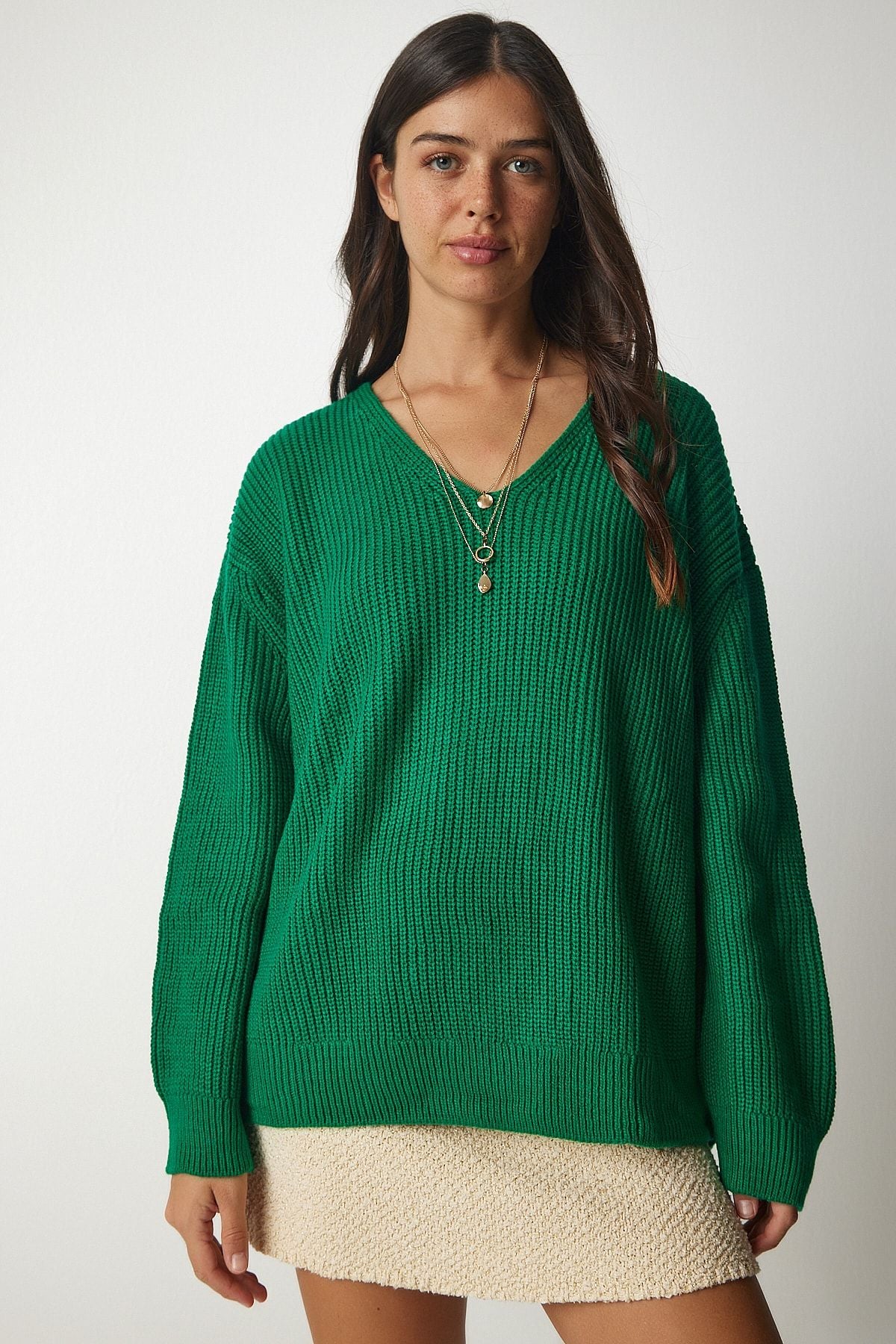 Kadın Koyu Yeşil V Yaka Oversize Basic Triko Kazak MX00130