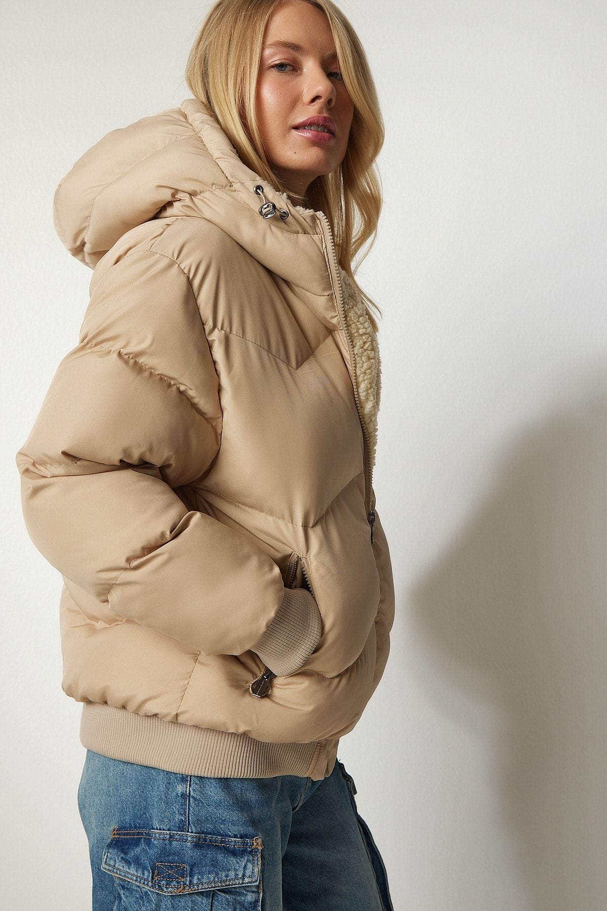 Female Beige Hooded Inflatable Coat VP00006