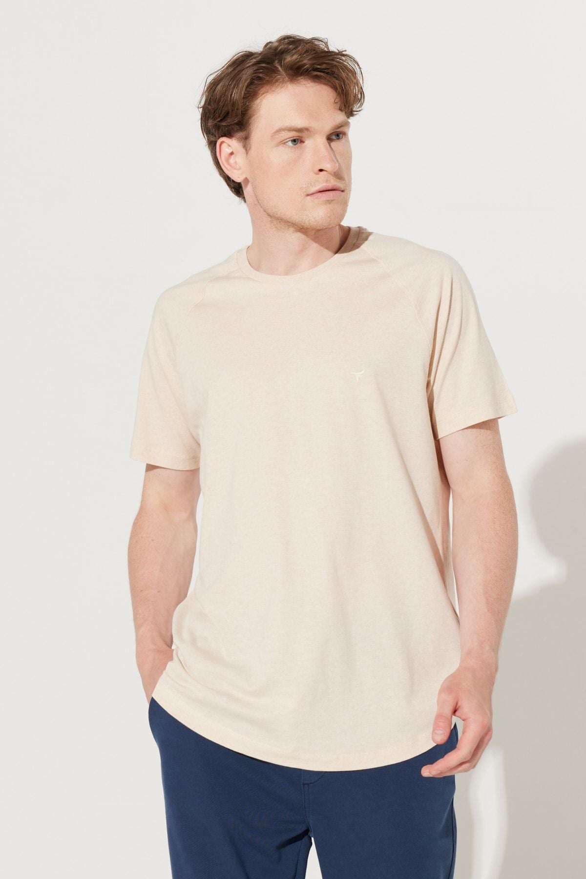 Men's Beige Long Fit Bike Neck 100 %Cotton T -shirt