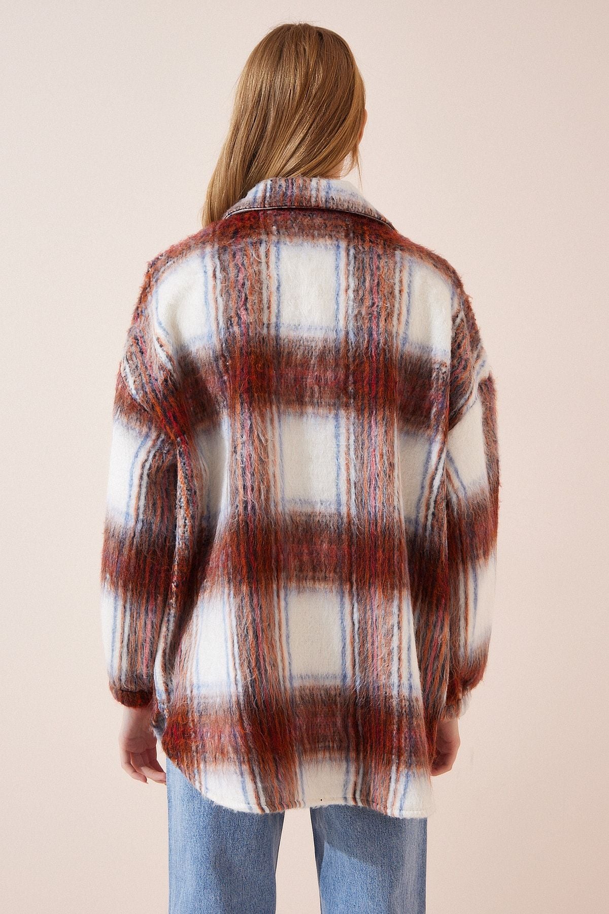 Woman Ecru Tile Wool Effective Oversizle Stamp Shirt Jacket DD01145