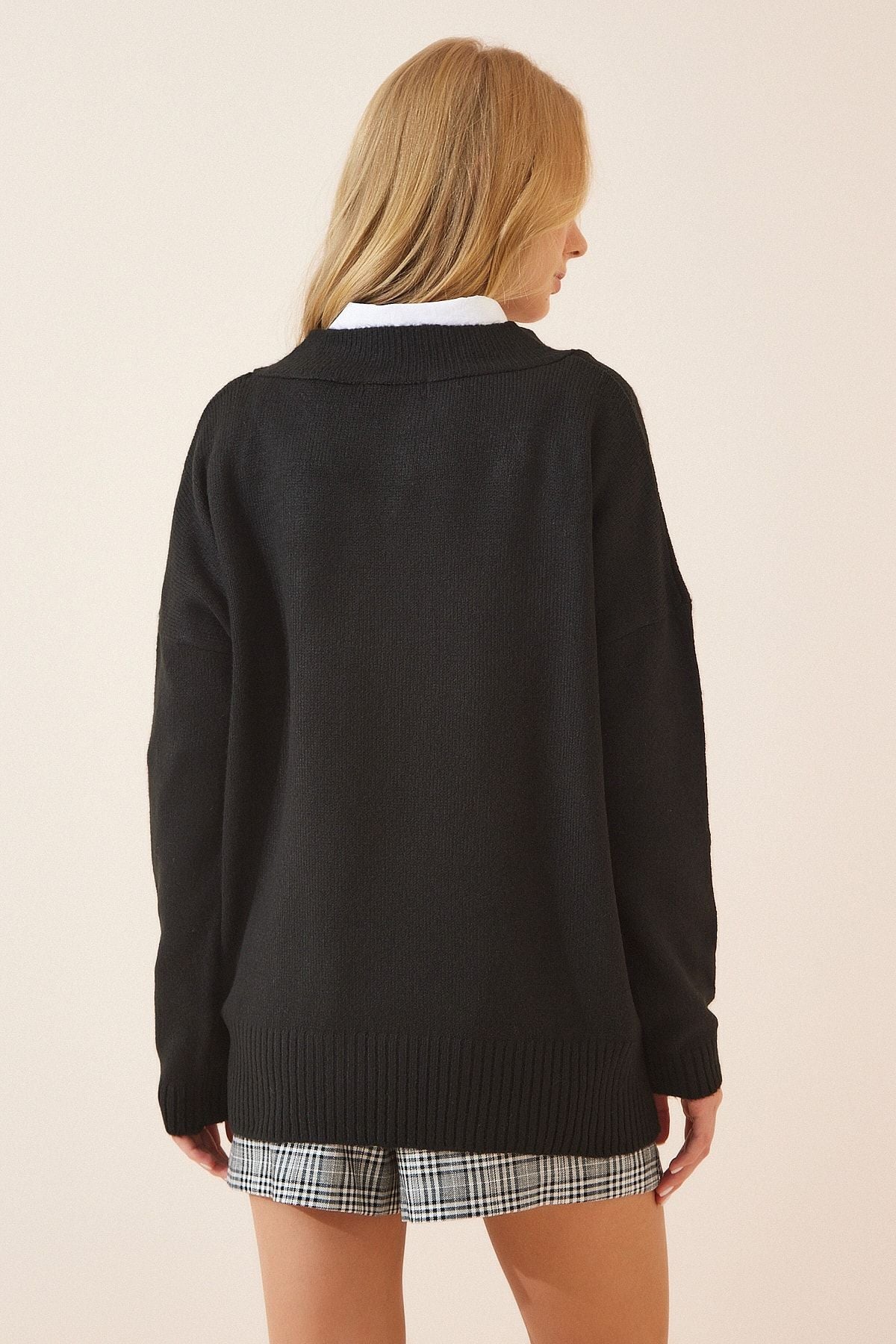 Female Black V -Yaka Oversize knitwear sweater BV00003