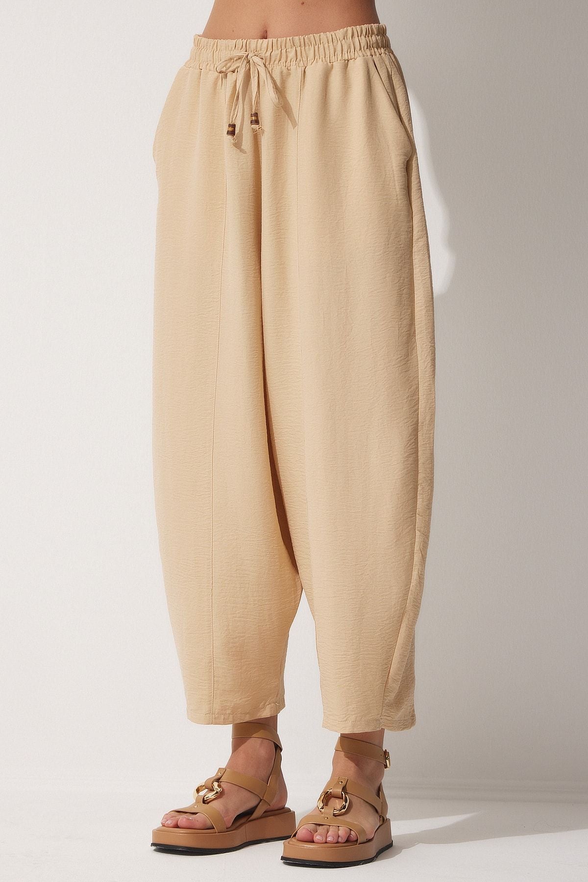 Female Live Cream Pocket Linen Viscose Shalwar Pants CV00001