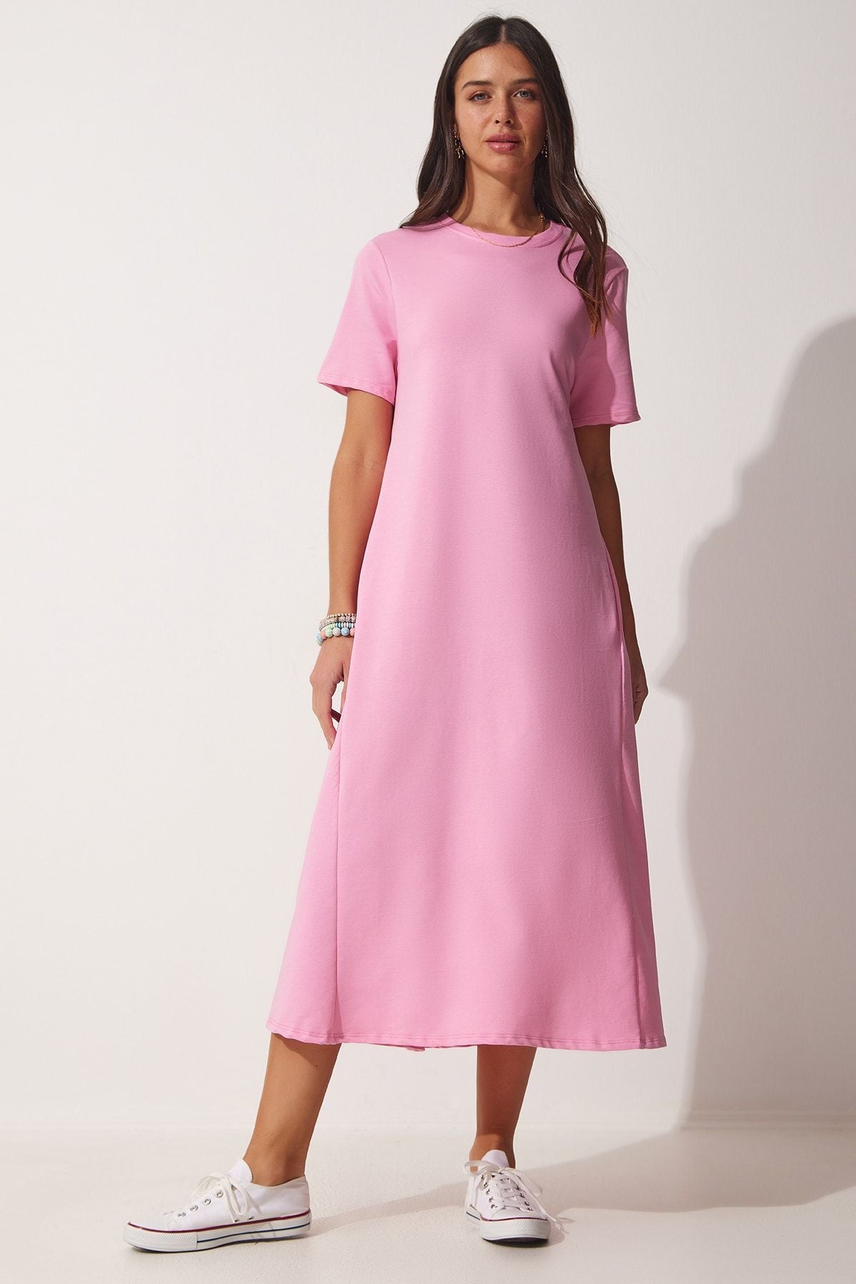 Woman Pink A Cut Summer Combed Dress Ub00060