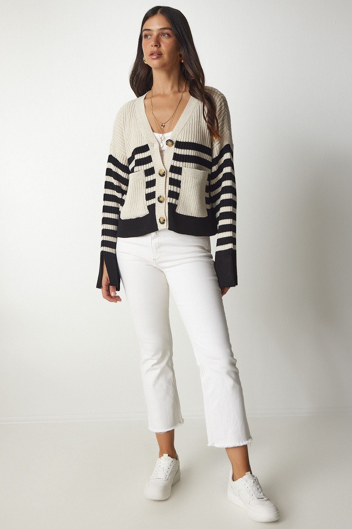 Women's Beige Black striped pocket knitwear cardigan BV00106