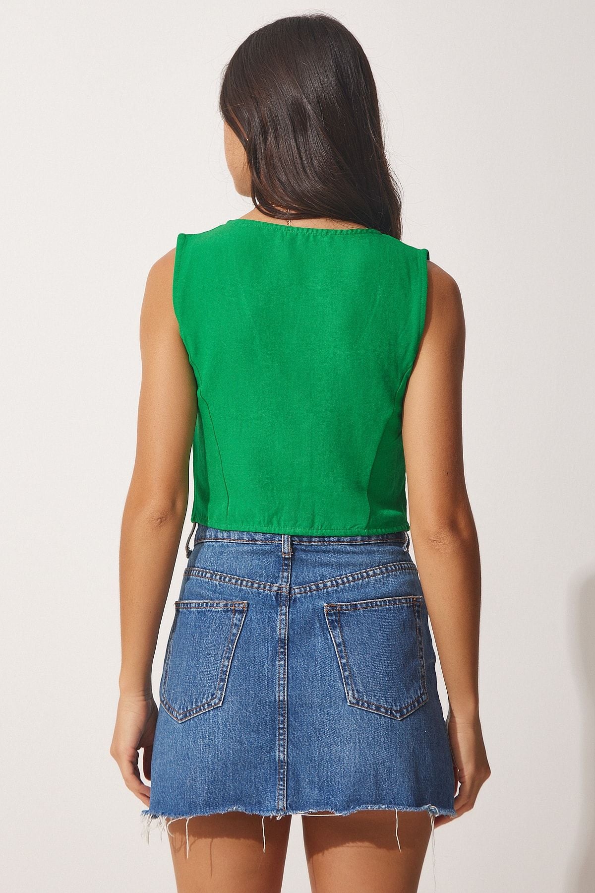 Female Green V -Yaka Linen Vest HF00436