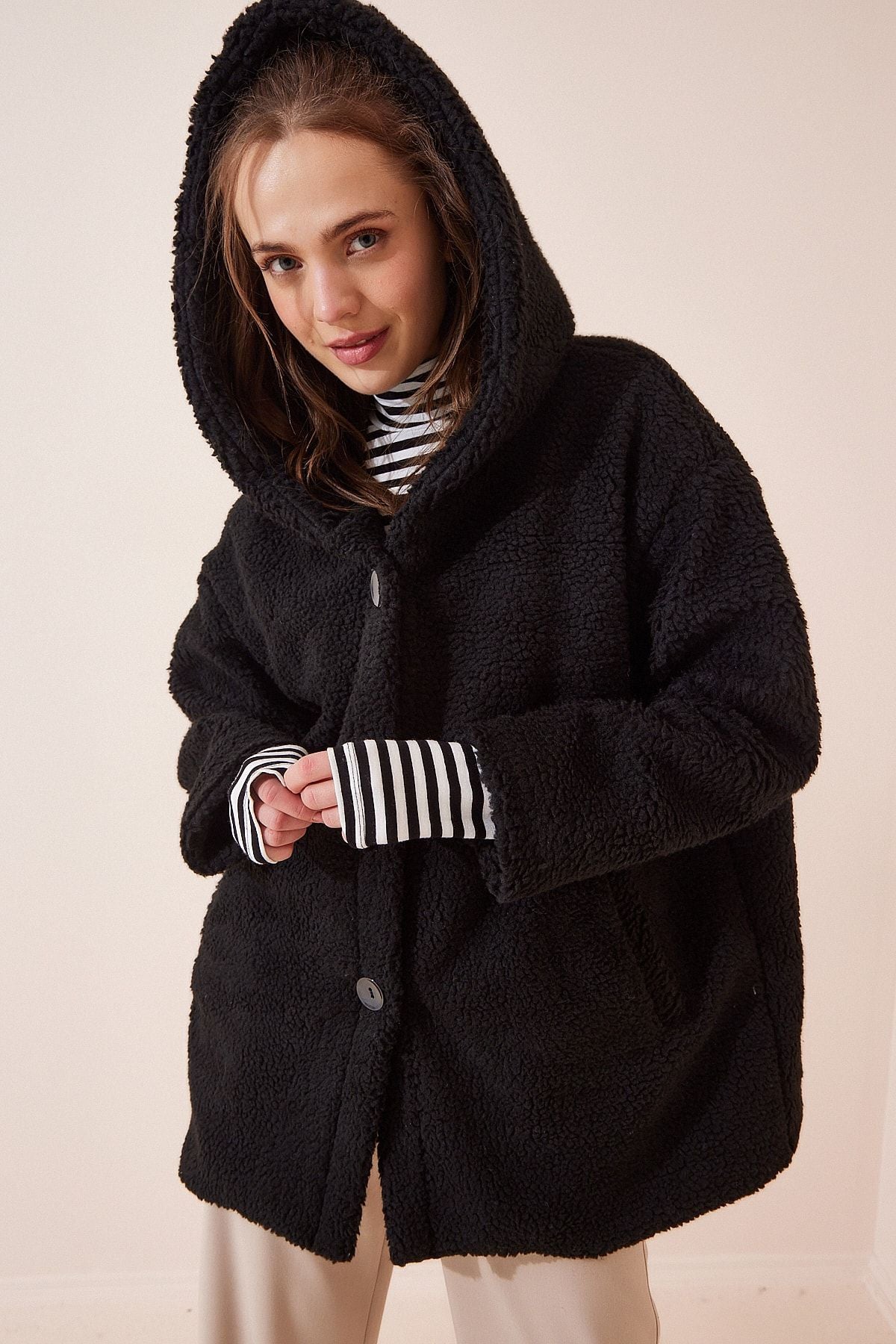 Female black hooded plush coat RV00087