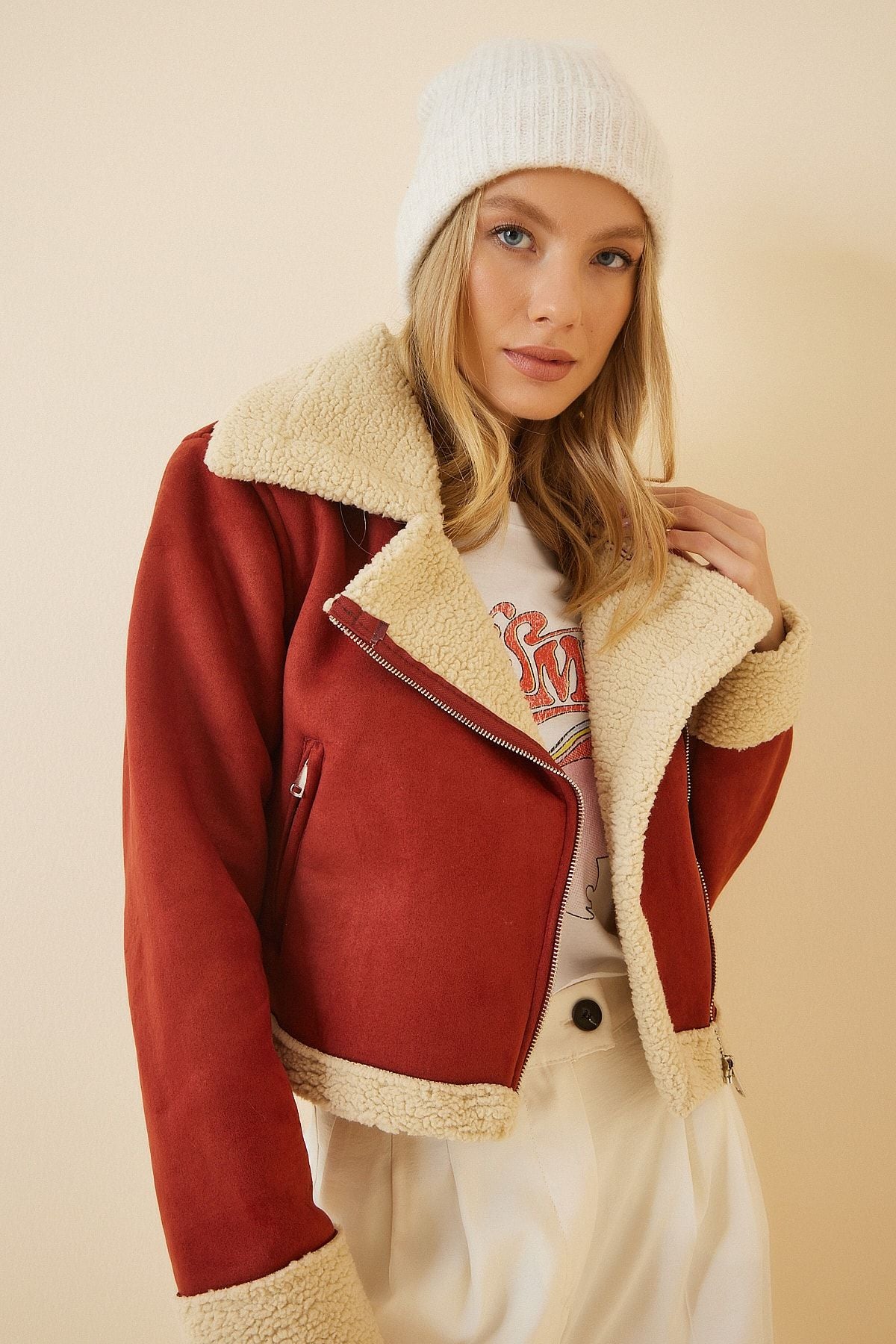 Women's Tile Plush Fur Detailed Artificial Leather Biker Coat BJ00016