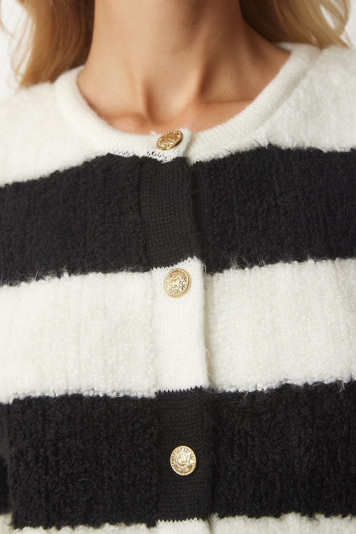 Woman Ecru black striped bouquet knitwear cardigan yy00158