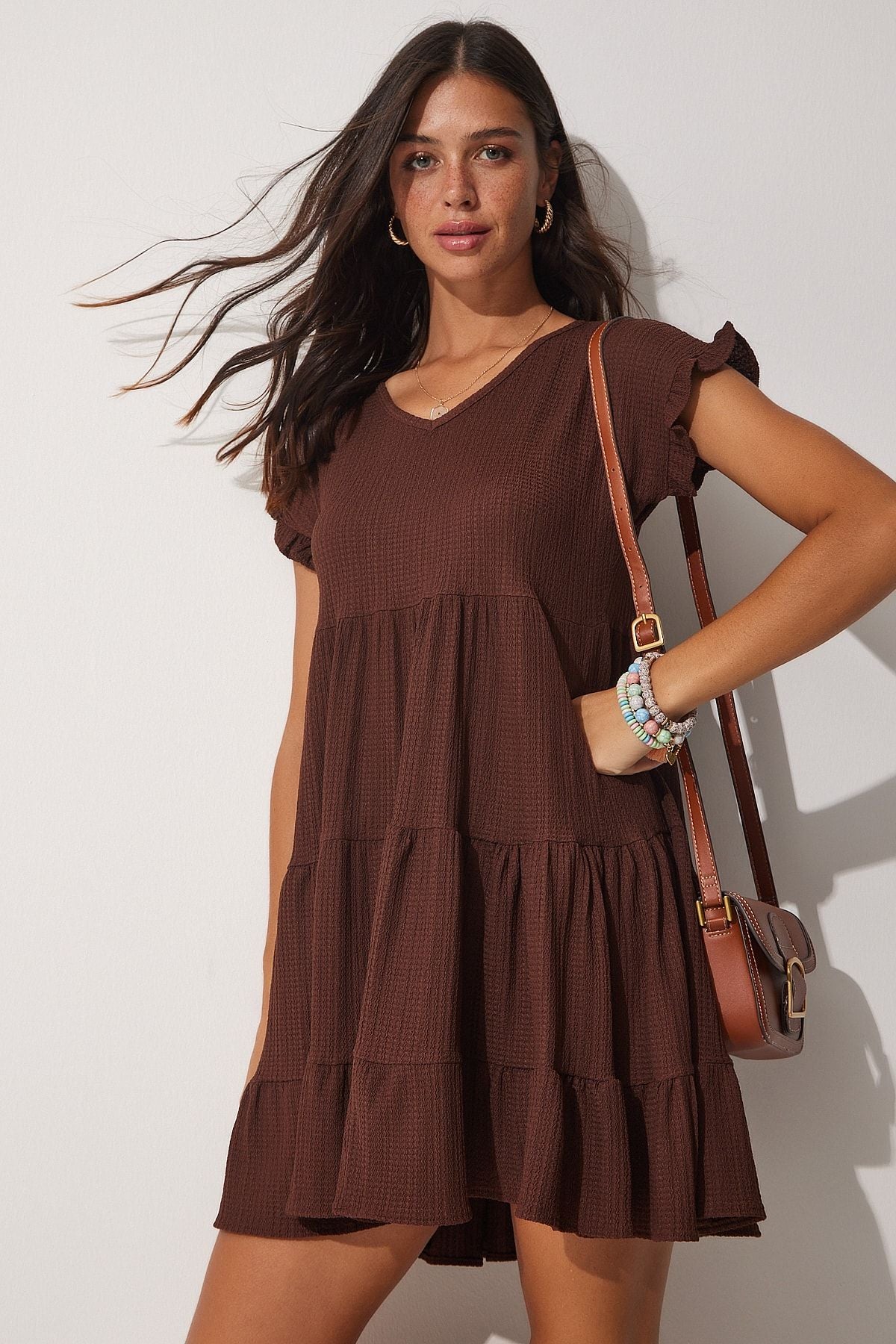 Woman Brown V -Neck Flash Summer Knitting Dress Dz00079