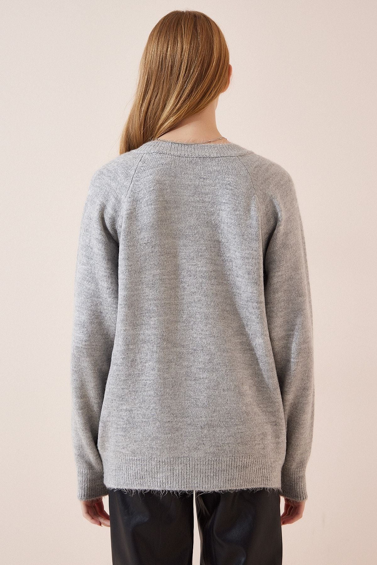 Woman Light Gray button collar knitwear sweater LX00040