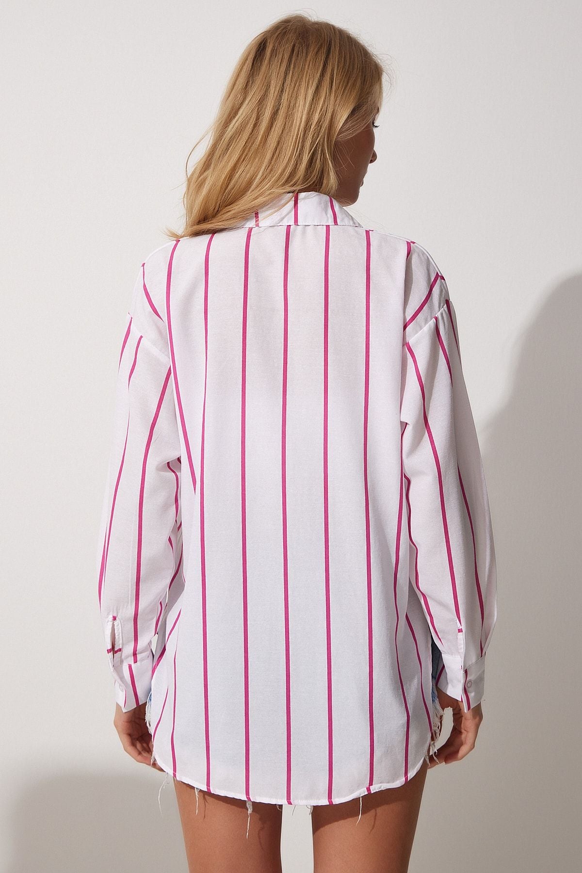 Woman Pink White Striped Oversize Long Cotton Shirt DX00005