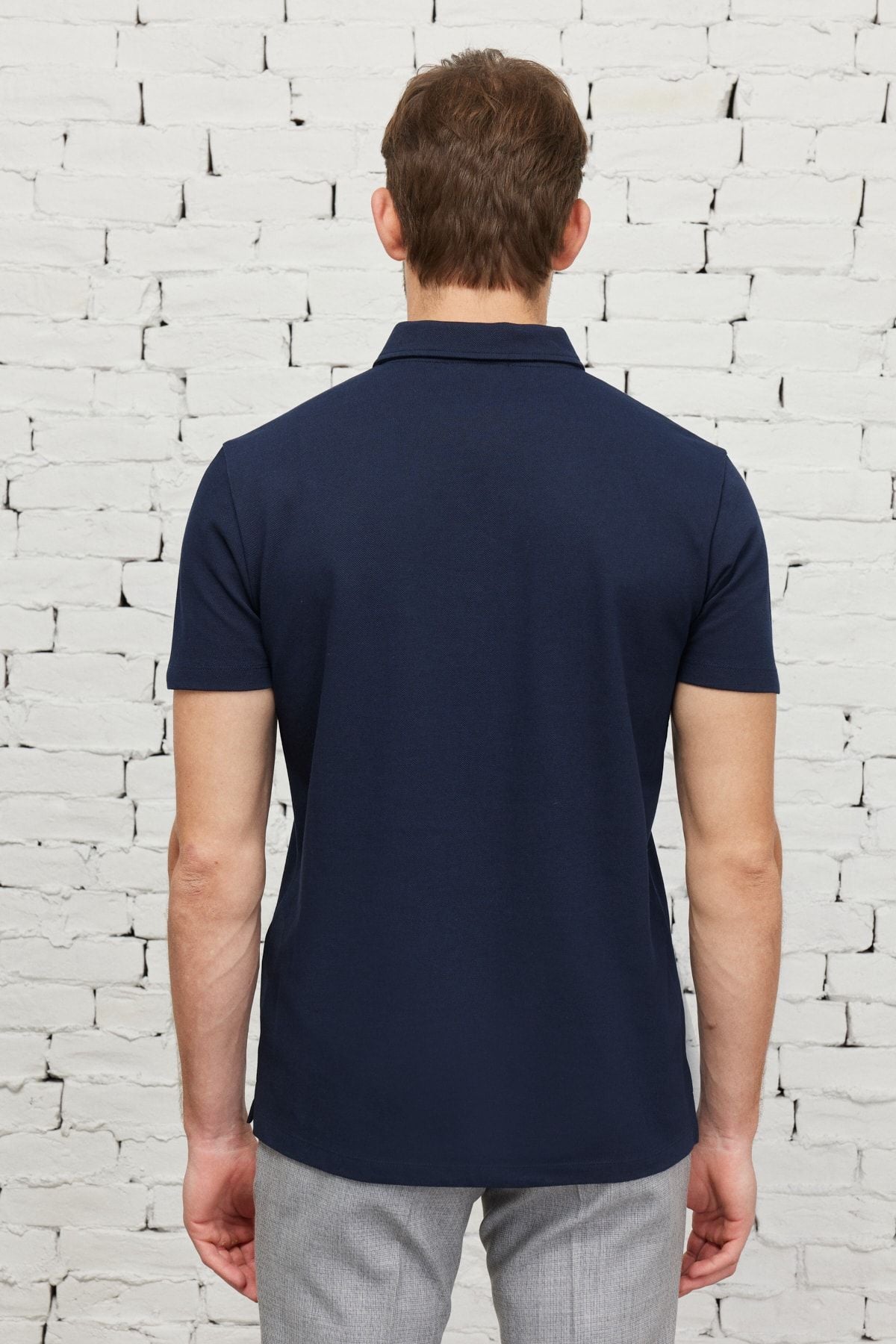 Men's navy blue slim fit narrow -cut breathing fabric polo collar cotton t -shirt