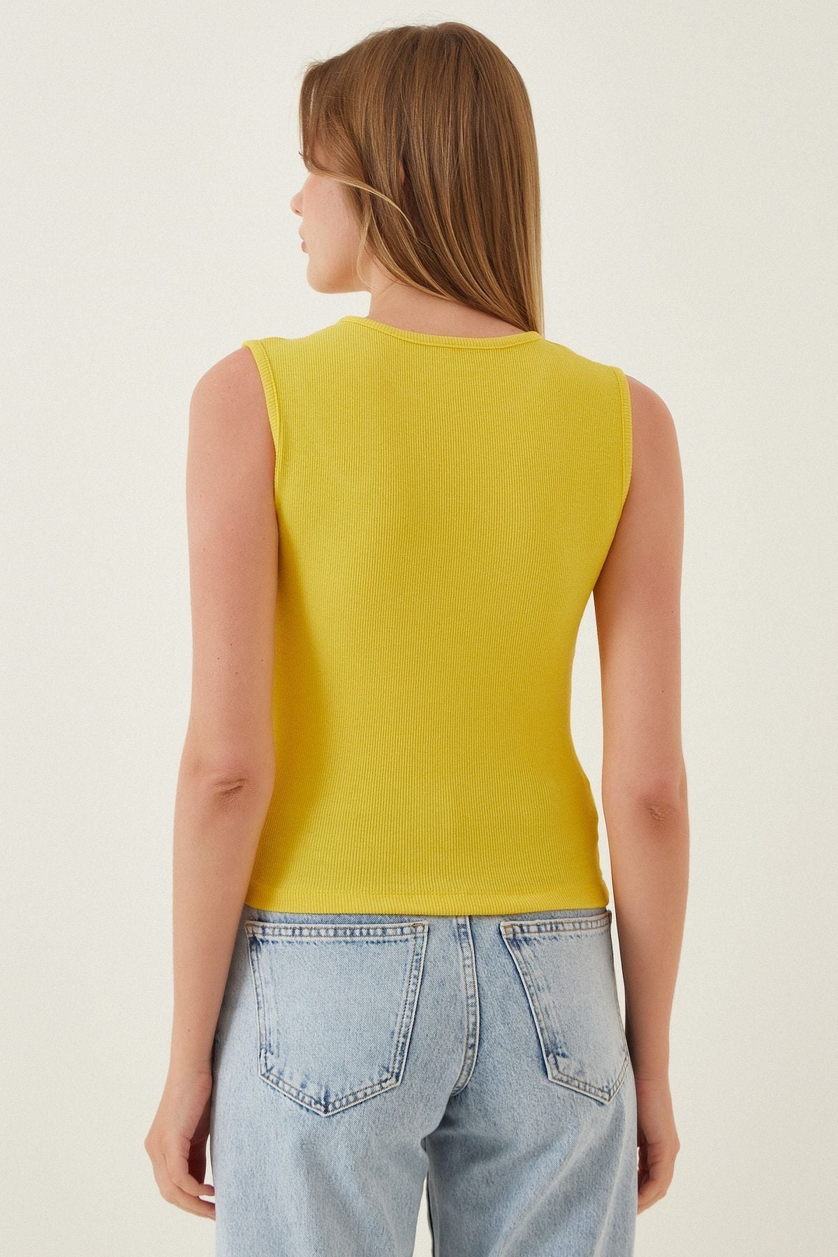 Woman Yellow Cut Out Detailed Wick Knitting Blouse GT00135