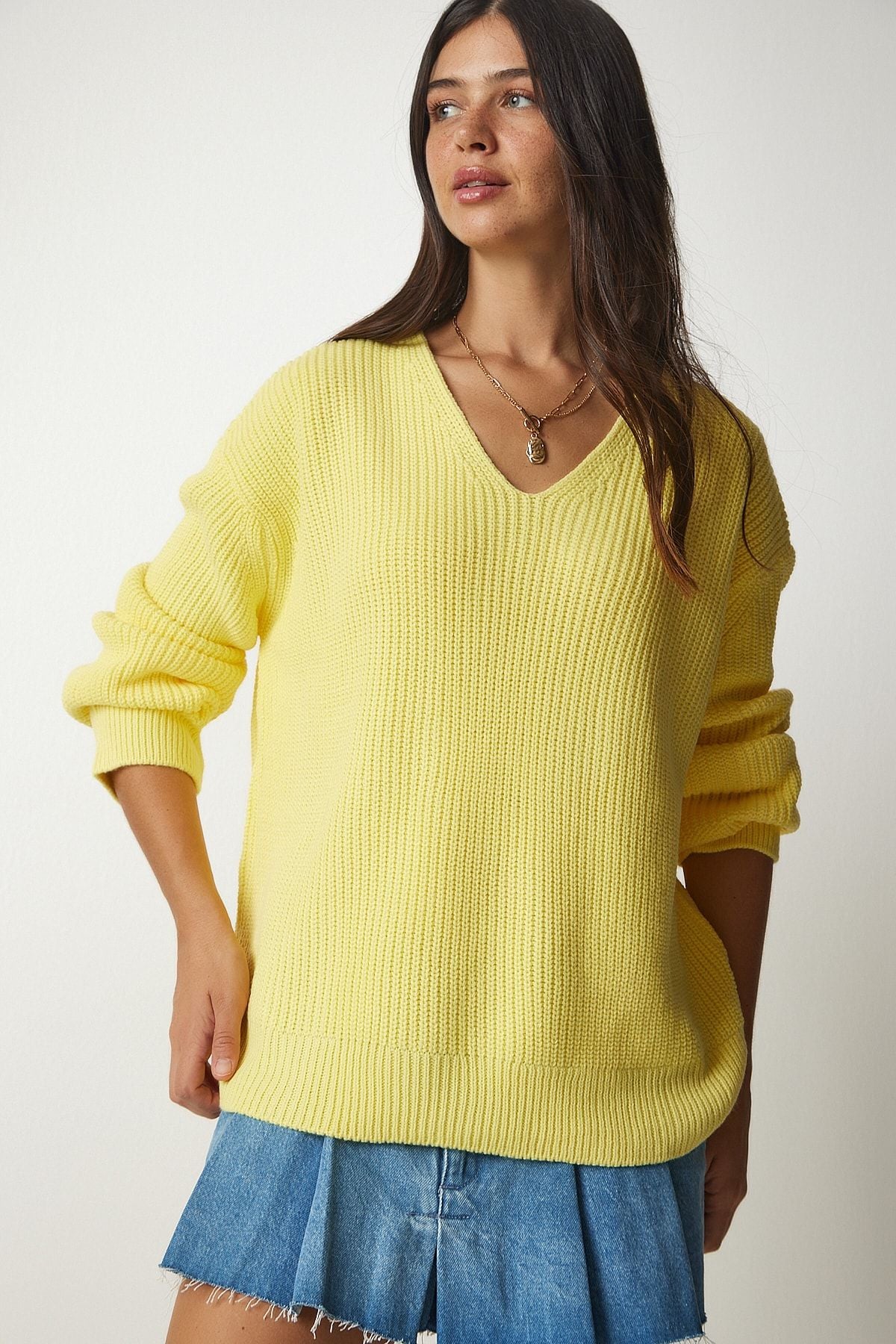 Woman Yellow V -Yaka Oversizle Basic Knitwear Kazakh MX00130
