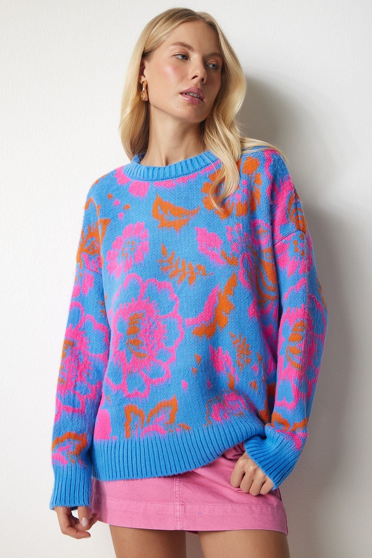 Woman Sky Blue Patterned Knitwear Sweater PF00002
