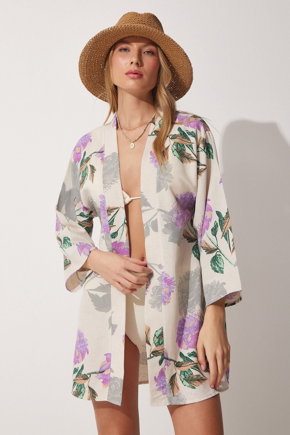 Female Beige Lila Patterned Kimono BH00381