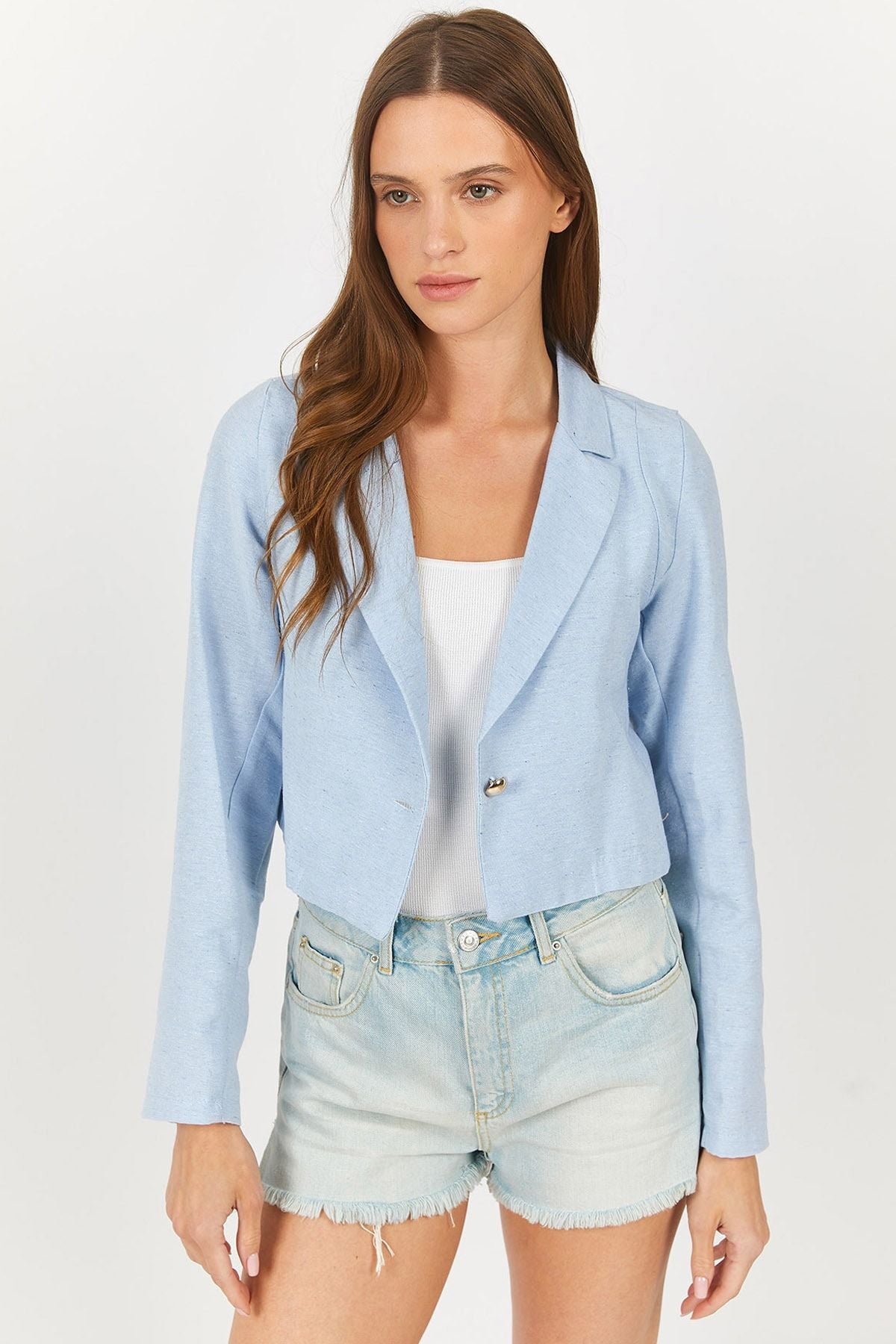 Women's Baby Blue Single Button Crop Jacket Arm-23y001064