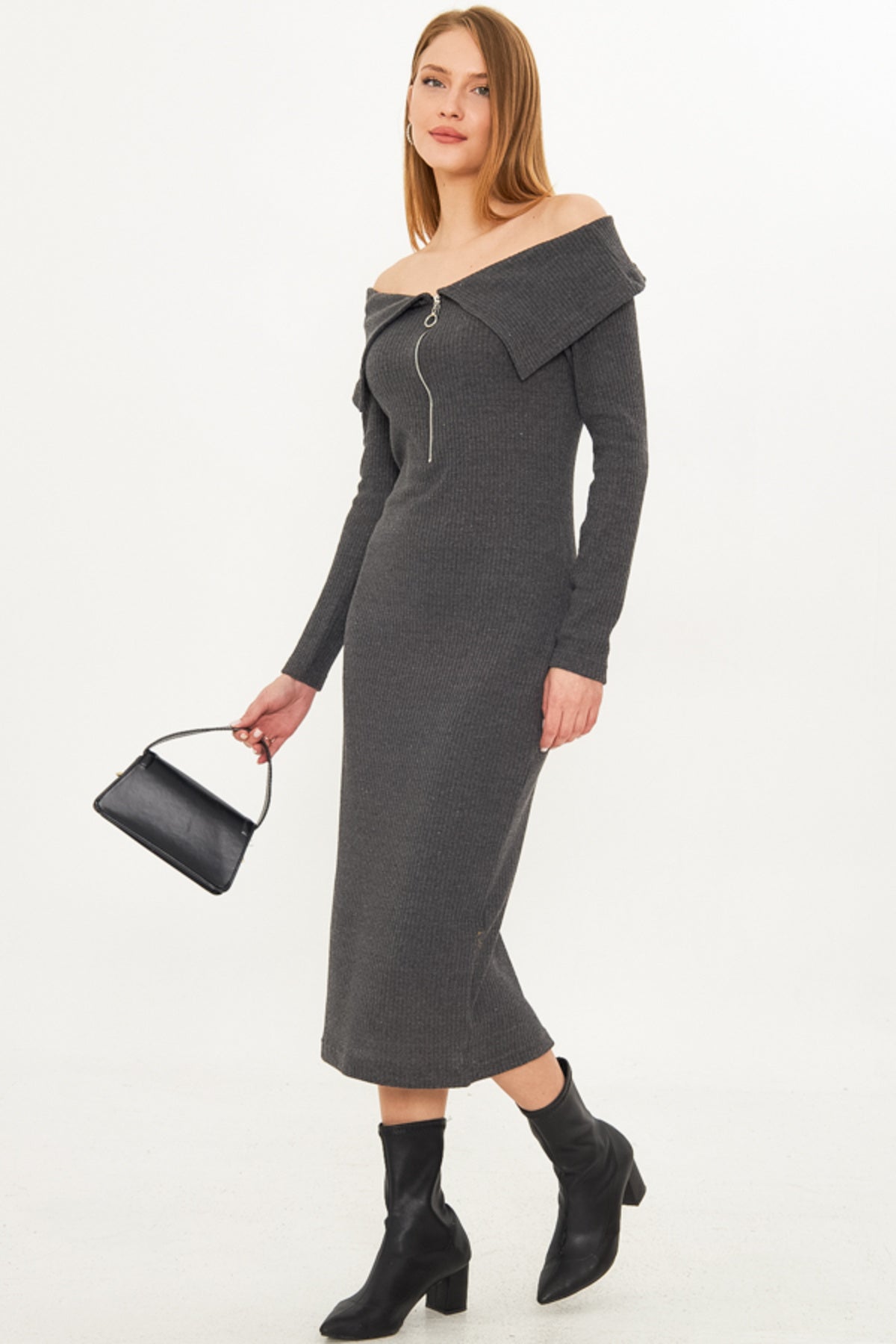 Women's Anthracite Low Shoulder Front Zipper Slit Midi Length Knitwear Dress ARM-25K001089