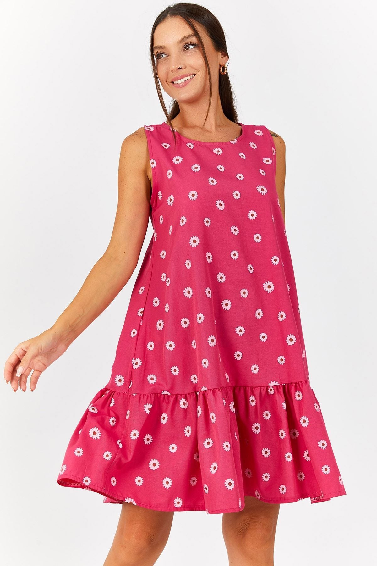 Women's Pink Daisy Pattern Sleeveless Skirt Ruffle Dress ARM-22Y001123