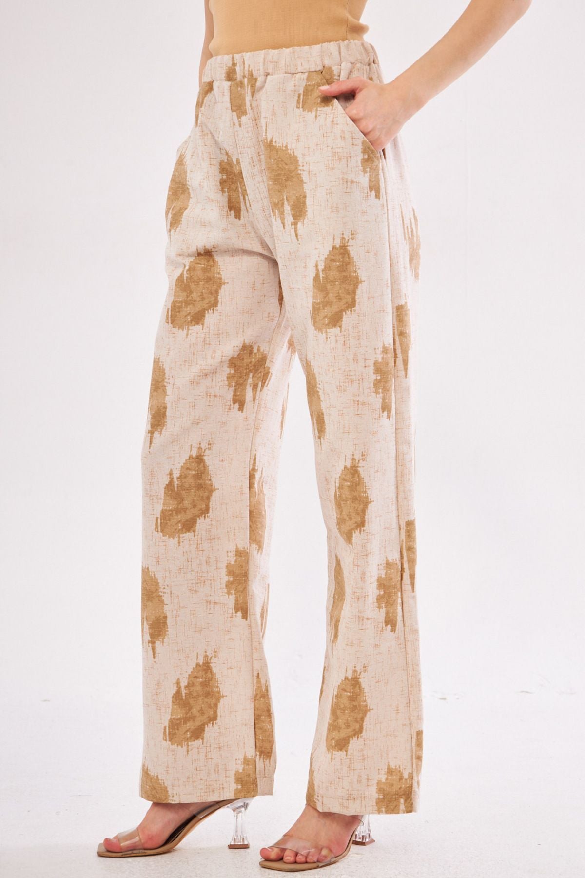 Women's Mink Ena Pants with Elastic Waist Pocket Detail Linen Look Wide Leg ARM-24Y001021