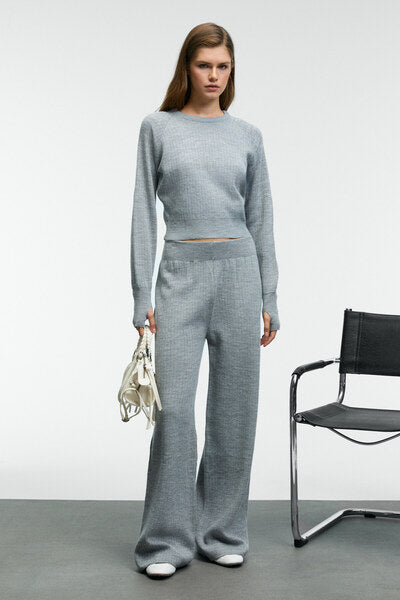 MARIPOSA Women's Round Neck Stripe Patterned Crop Wide Leg Knitwear Grimelange Bottom-Top Set