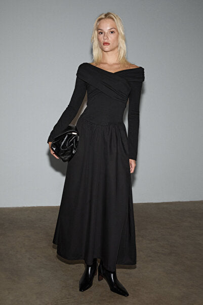 FRUENDO Women's Asymmetrical Collared Top with Stretchy Fabric Skirt Poplin Long Black Dress