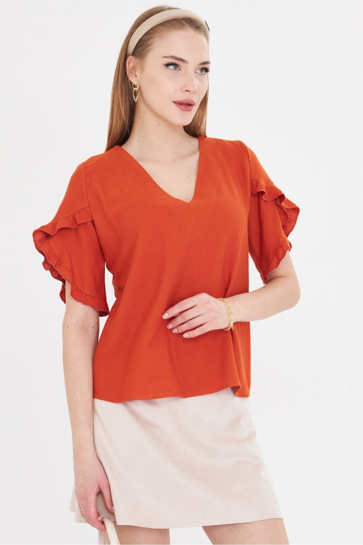 Women's Tile V-Neck Ruffled Short Sleeve Blouse ARM-25Y001046
