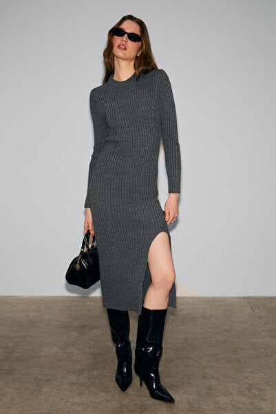 SOREYA Women's Round Neck Stripe Patterned Slit Slim Fit Knitwear Anthracite Dress
