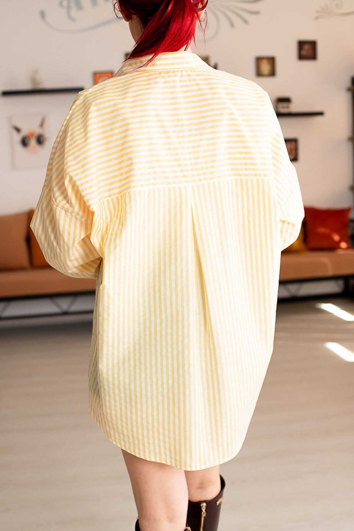 Women's Yellow Asymmetrical Striped Oversize Long Basic Shirt Arm-23y001023