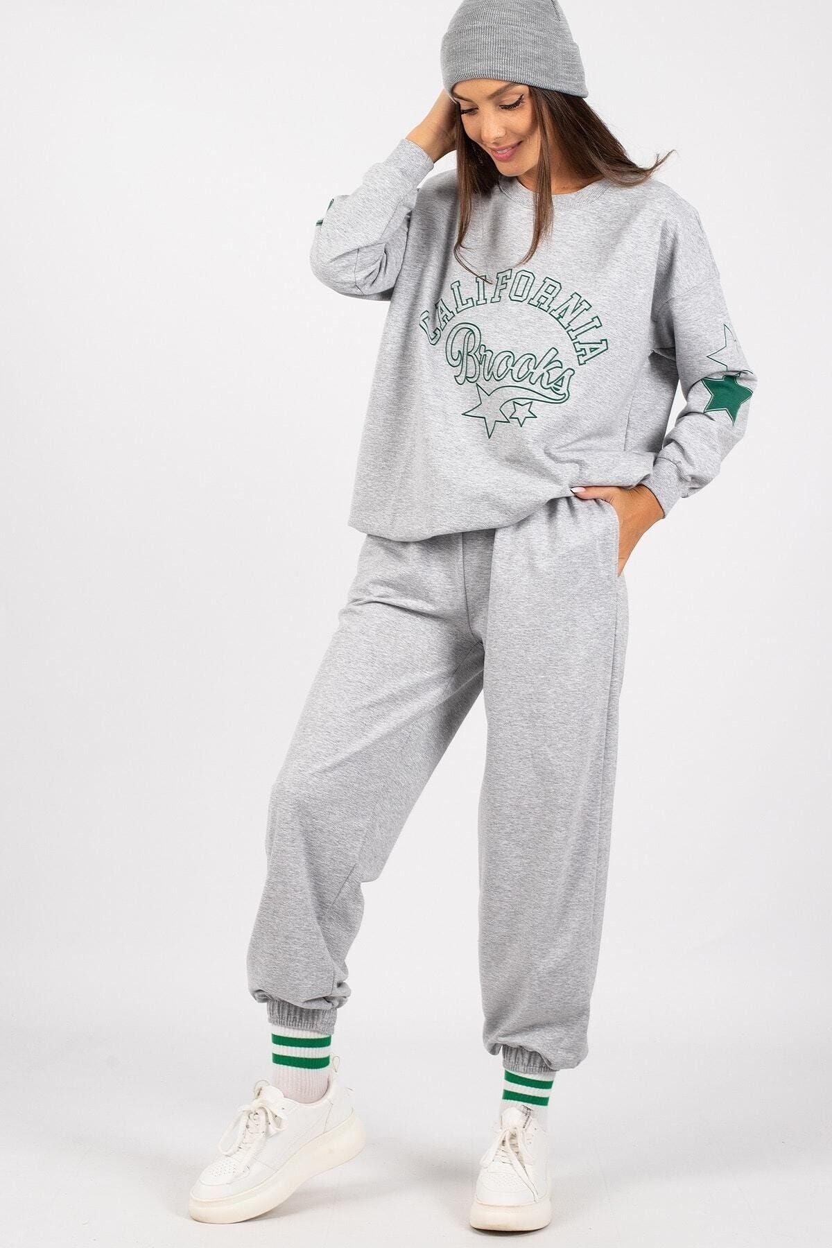 Women's Gray Pocket Sweatpants with Elastic Waist and Legs Arm-22Y024062