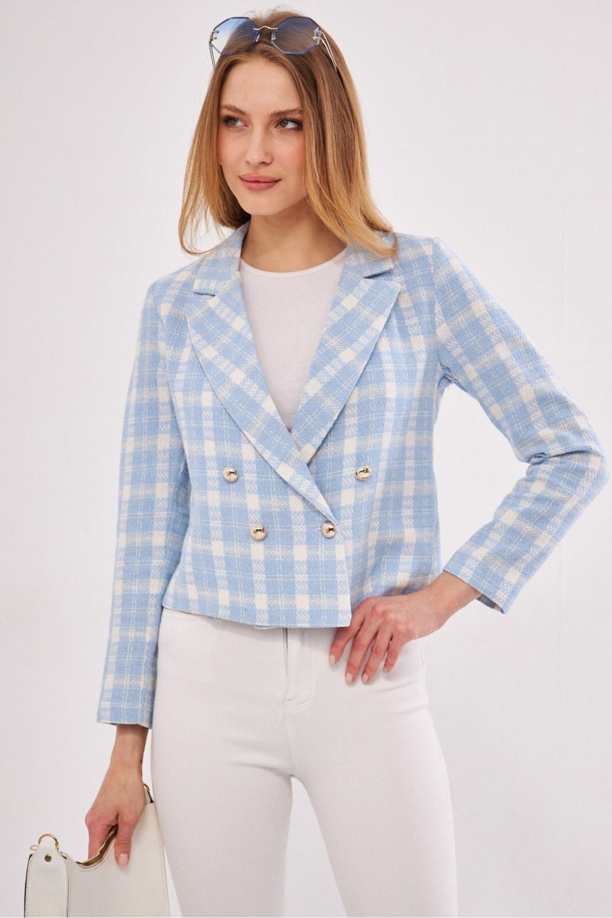 Women's Baby Blue-Ecru Double Breasted Collar Tweed Crop Jacket ARM-24K001014