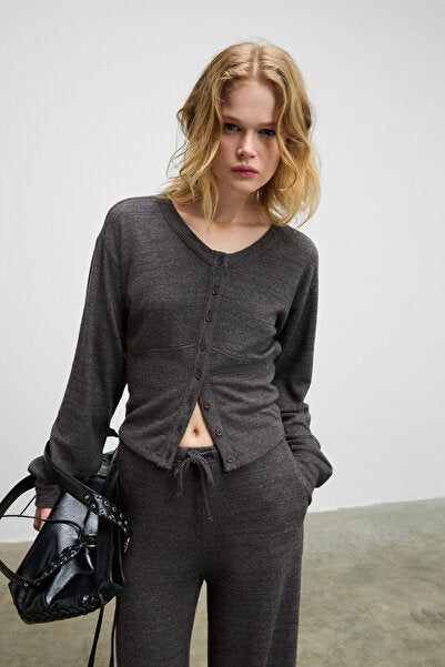 CLARITA Women's Soft and Flexible Fabric Buttoned Crop Dark Gray Cardigan