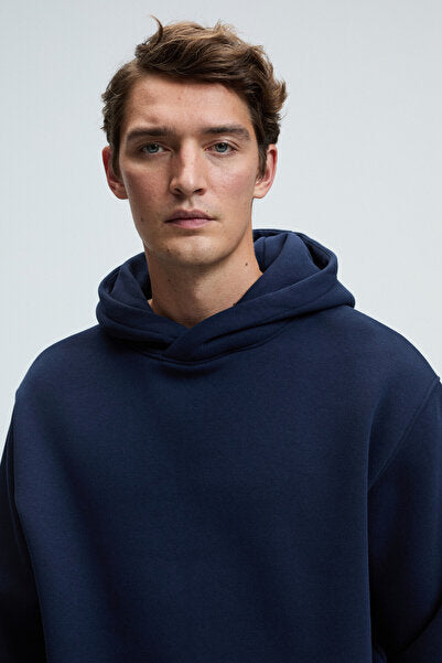 AMOS Men's Soft Fabric 3 Thread Oversize Hooded Kangaroo Pocket Navy Blue Sweatshirt